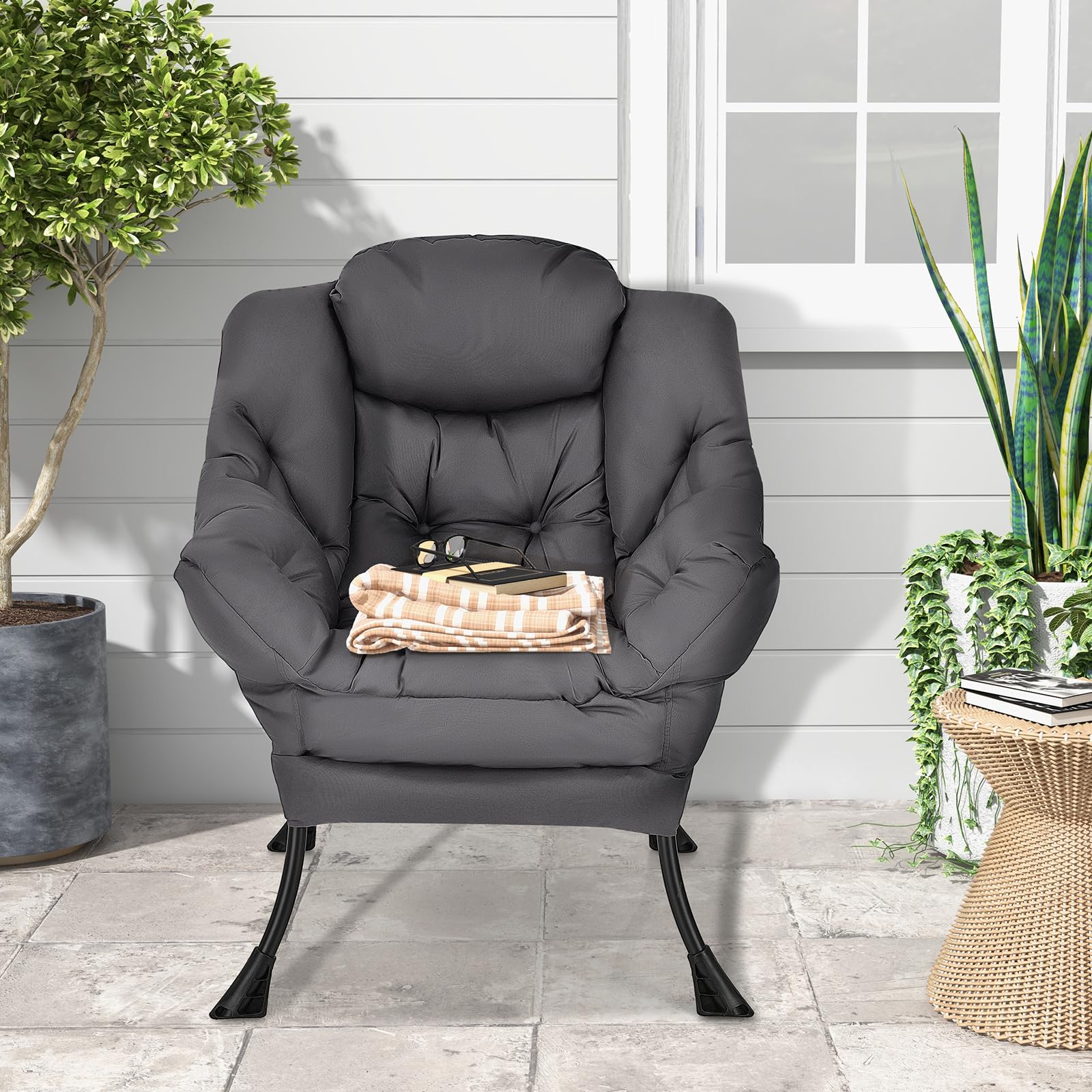 Modern Lazy Chair, Upholstered Single Sofa Chair w/Armrests & Side Pocket