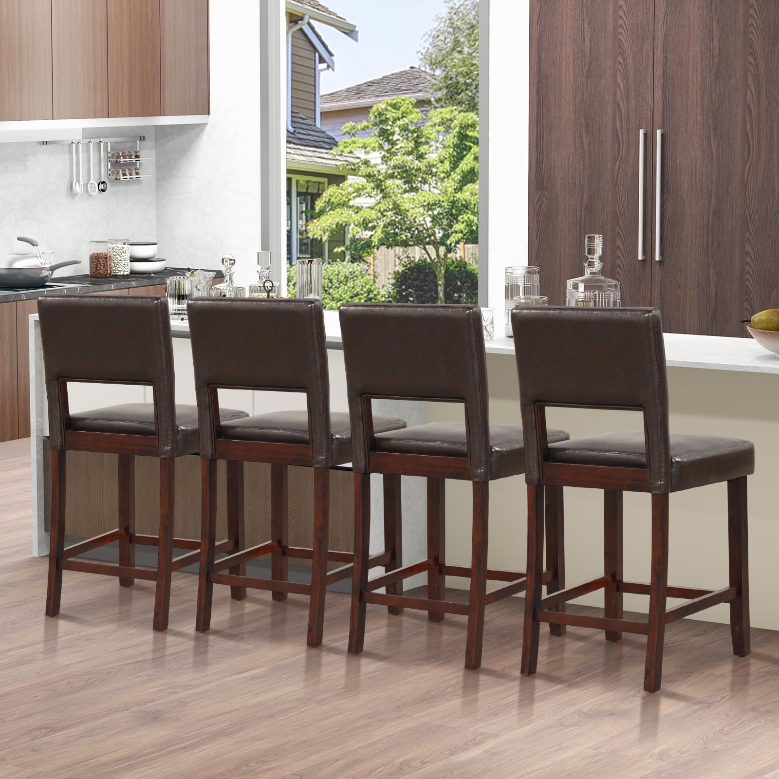 24.5" Counter Height Bar Stools Set of 2, Linen Barstools with Back, Rubber Wood Legs