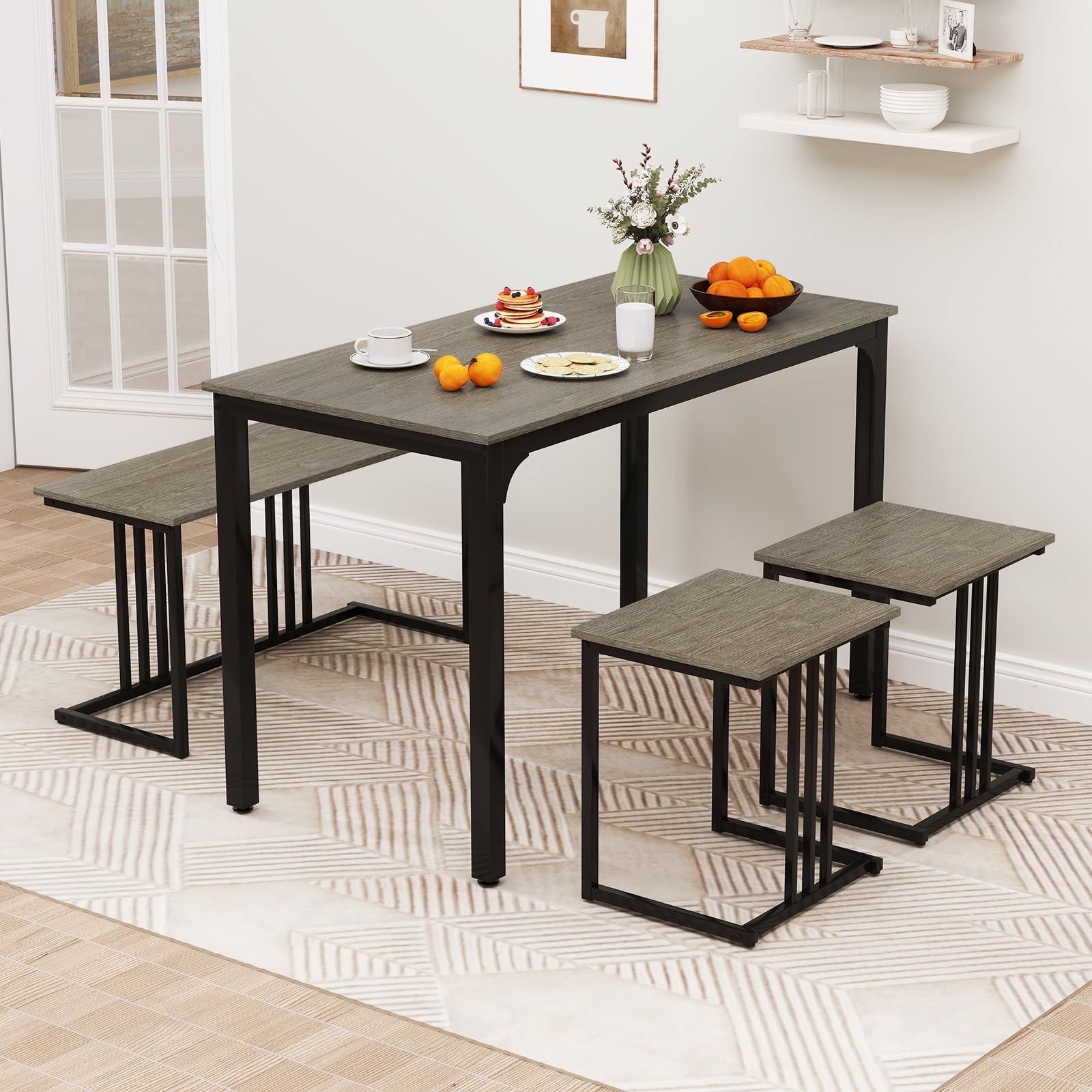 4 Piece Dining Table Set for 4 with Bench & 2 Stools, Space-Saving Desk Set