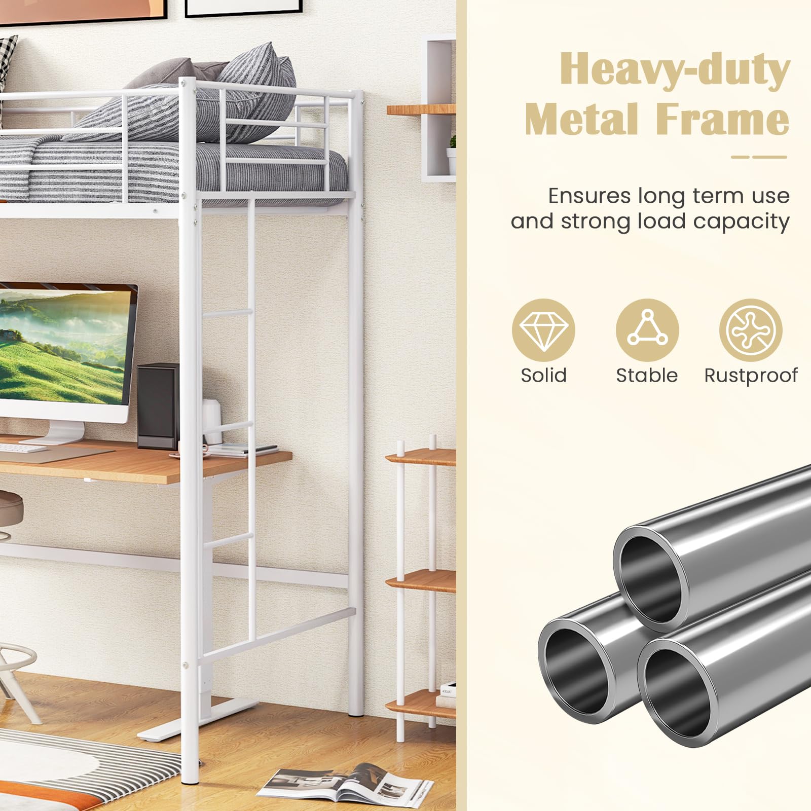 Twin Size Metal Loft Bed with Both Side Ladders & Safety Guardrails