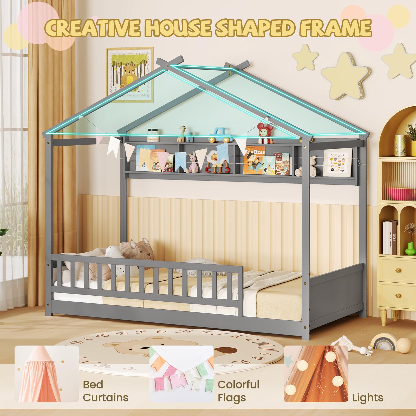Twin Floor House Bed with Storage Shelf, Headboard & Guardrail