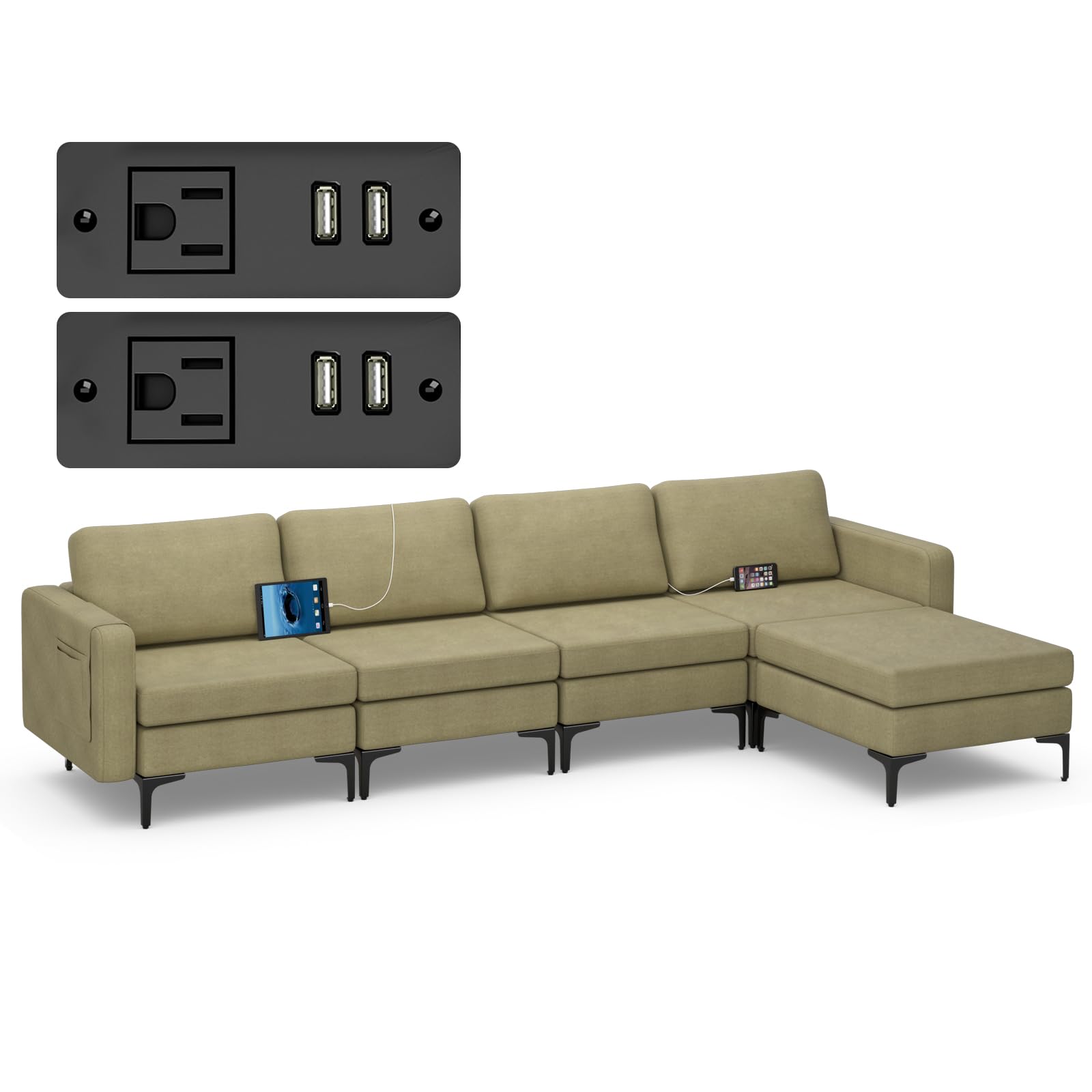 4 Seat Convertible L-Shaped Sofa Couch, 123 Inch Sectional Sleeper with 2 USB Ports Socket