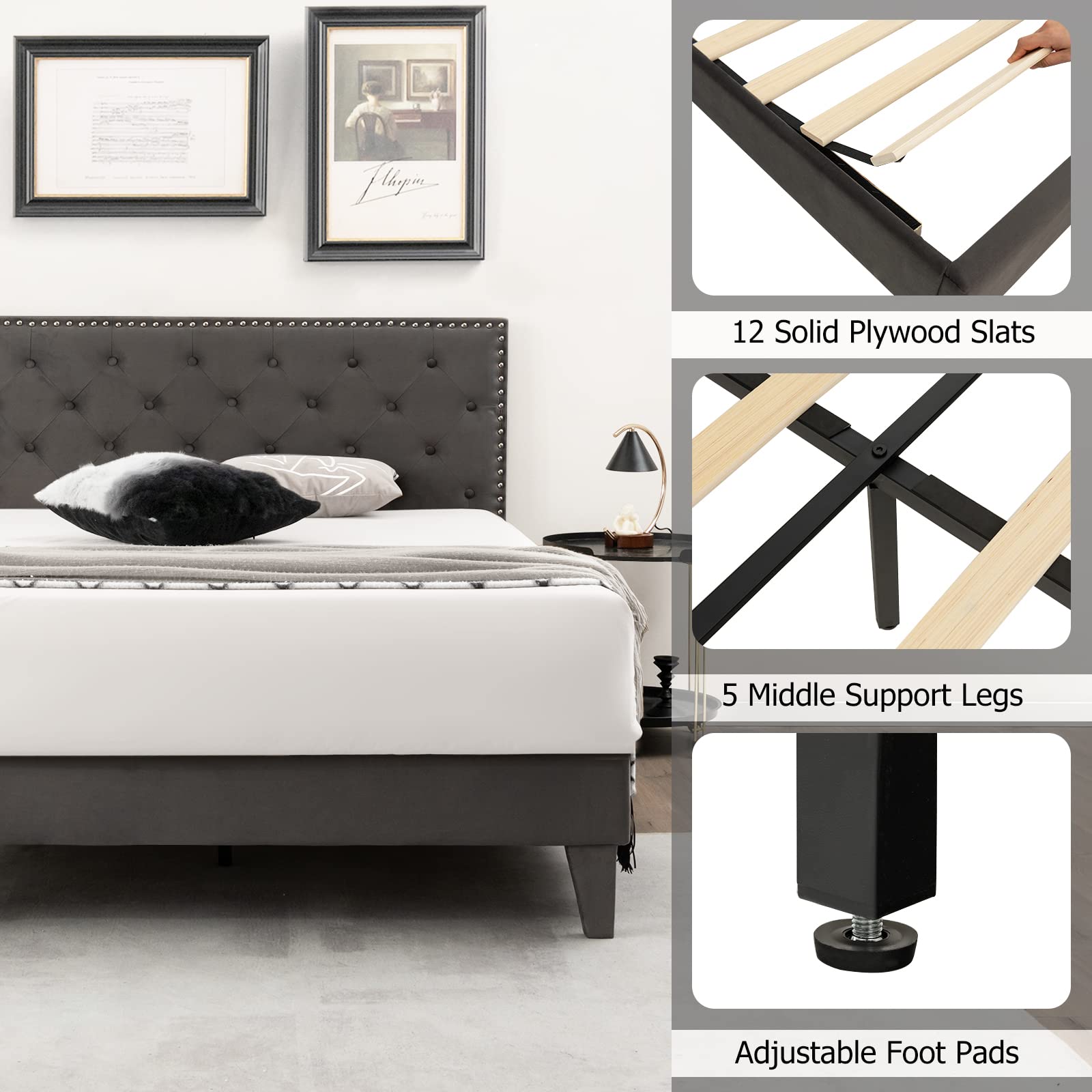 Full/Queen Size Upholstered Bed Frame with Tufted Headboard & Soft-padded Footboard