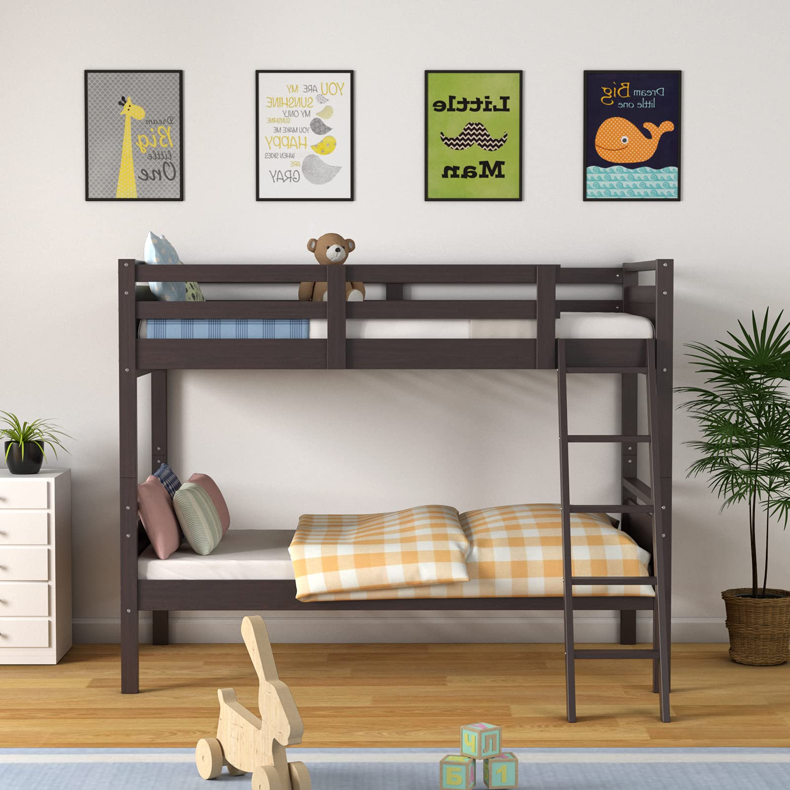 Twin-Over-Twin Wood Bunk Bed, Multifunction Convertible 2 Individual Beds