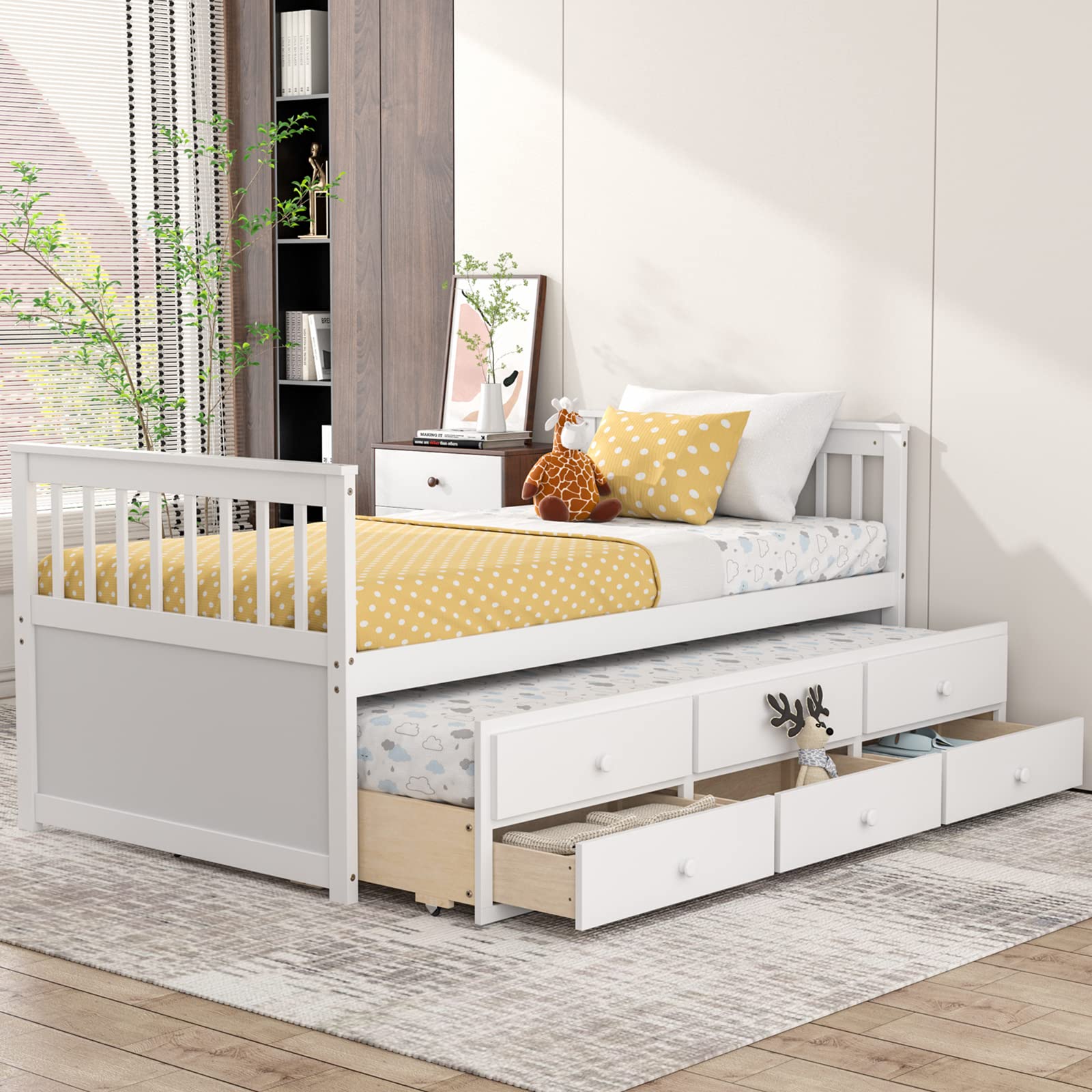 Twin Size Wooden Captain Daybed with Trundle and 3 Storage Drawers