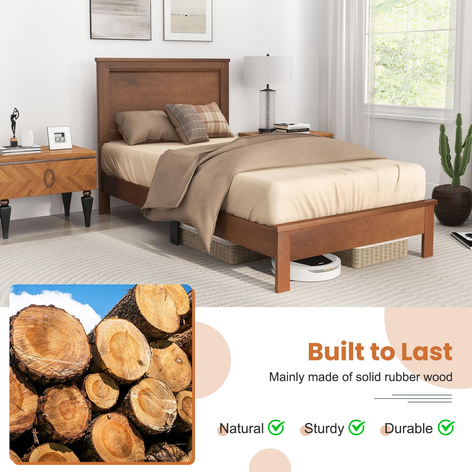 Wood Platform Bed Frame with Headboard, Mid Century Platform Bed Frame with Solid Wood Legs & Wooden Slat Support
