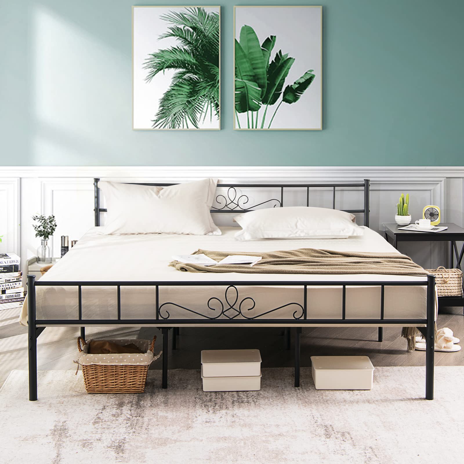 Metal Platform Bed Frame with Headboard & Footboard, Reinforced Metal Slats Supported Mattress Foundation
