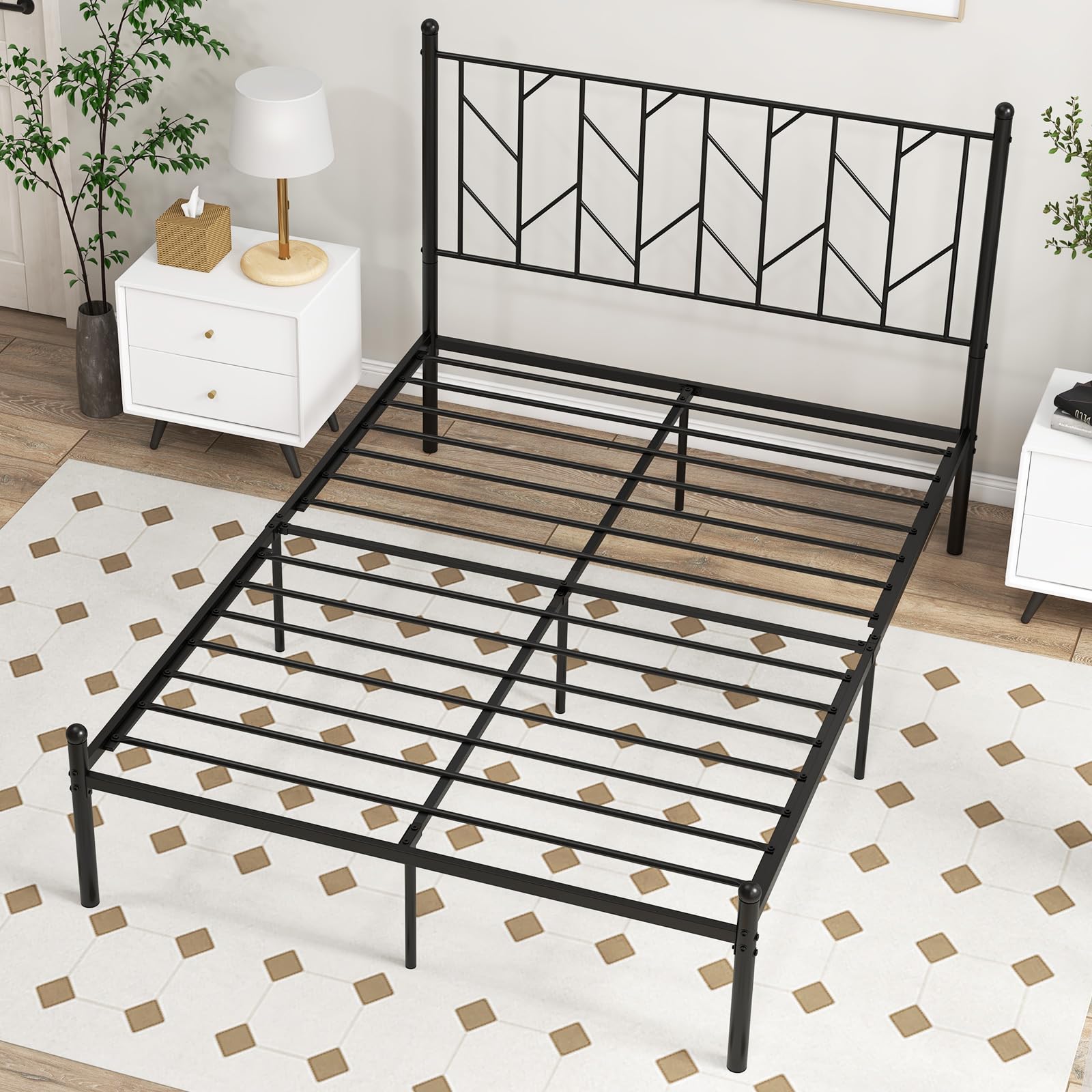 Metal Bed Frame with Victorian Style Headboard, 14 Metal Slats Support