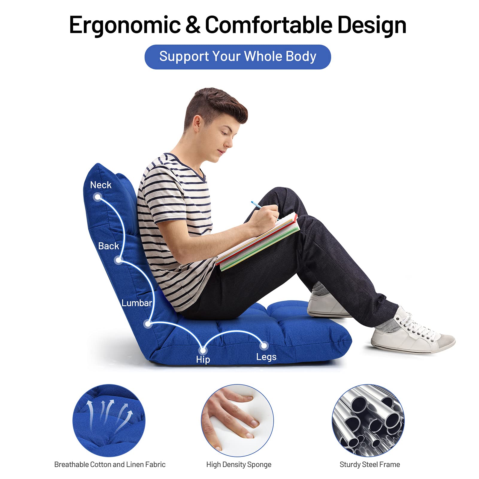 Folding Gaming Floor Chair，Adjustable 14-Position Floor Sofa with Back Support