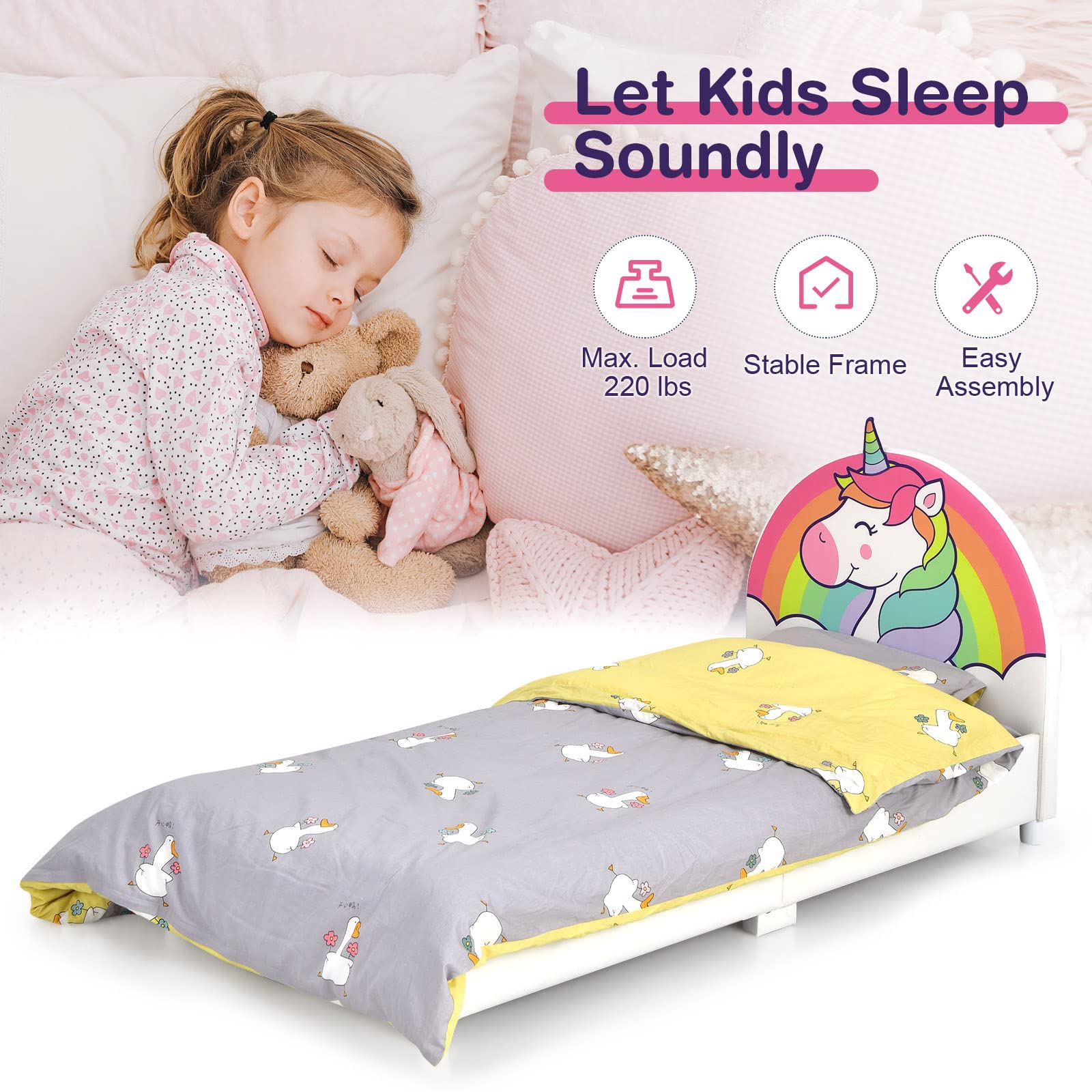 Kids Bed, Toddler Upholstered Platform Floor Bed w/Headboard & Wooden Slat Base