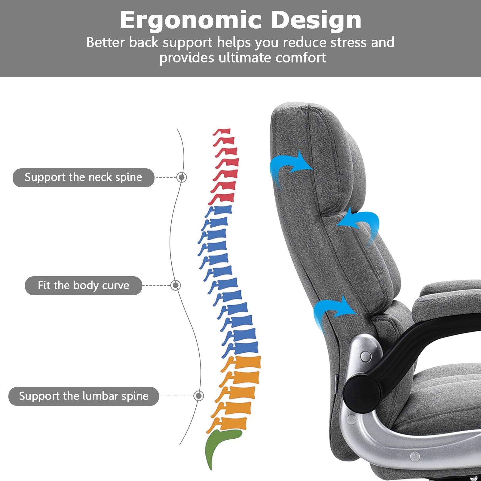 Executive Office Chair, Adjustable Tilt Angle and Flip-up Armrest Linen Fabric Upholstered Chair with Thick Padding