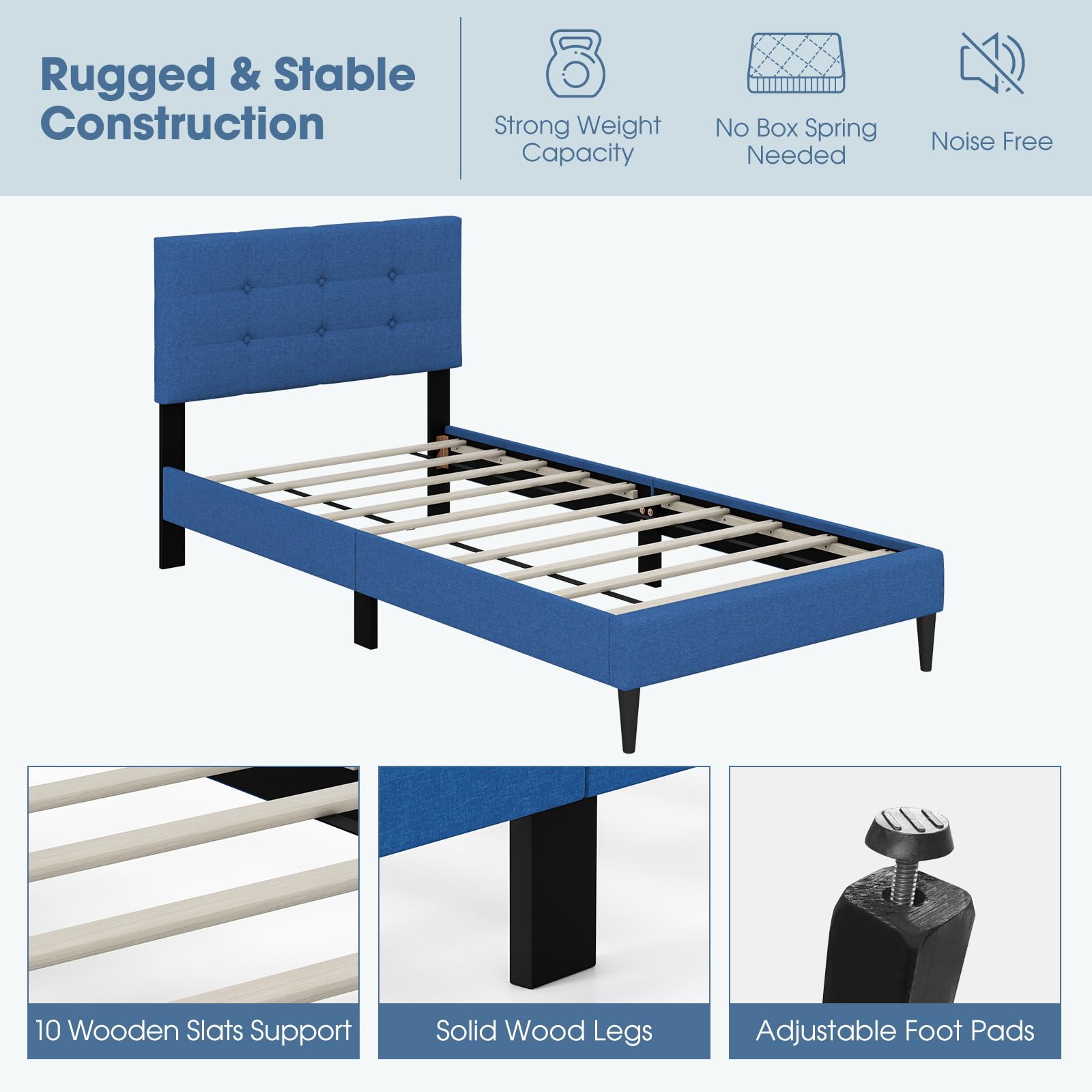 Twin/Queen Size Upholstered Platform Bed Frame with Button Tufted Linen Fabric Headboard