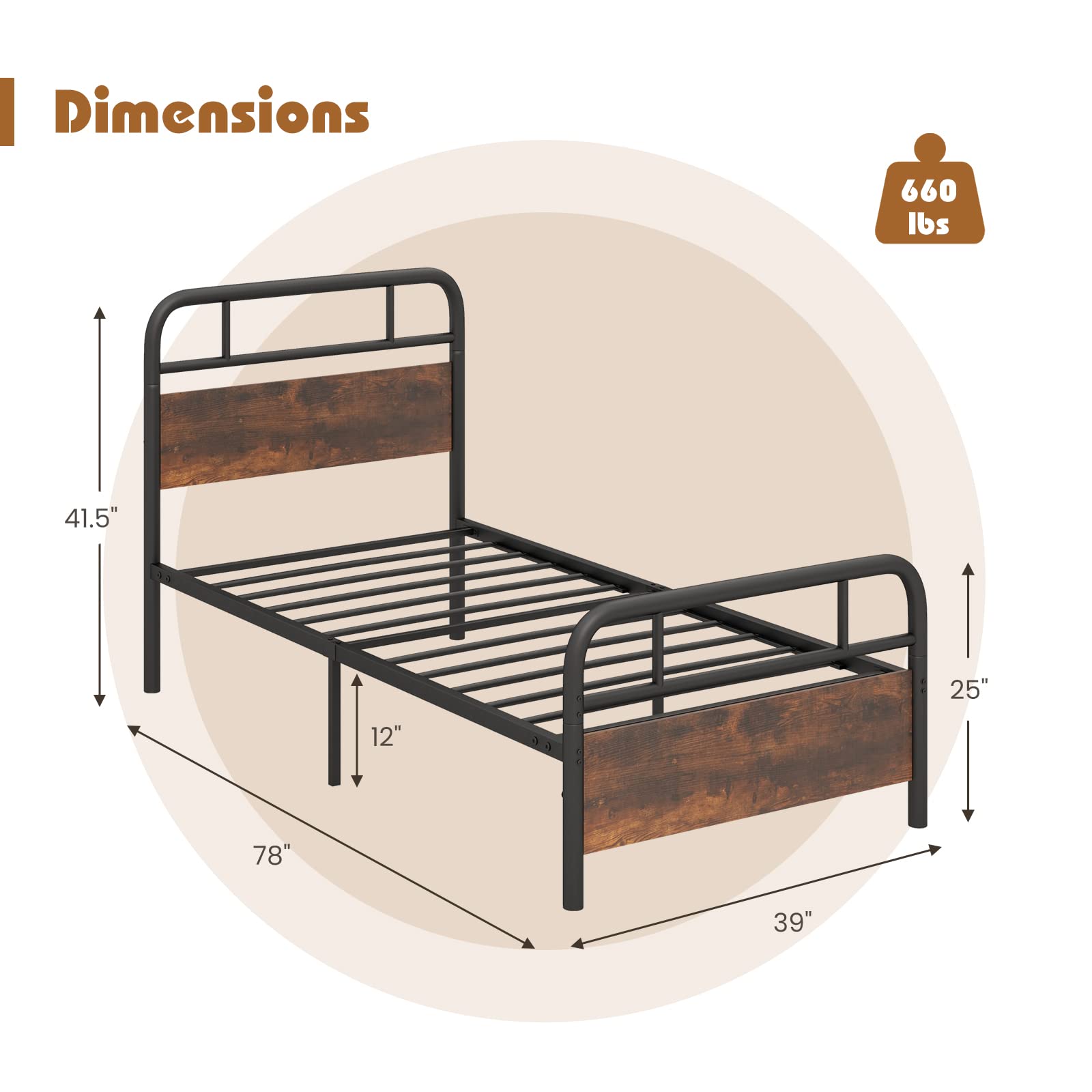 Industrial Metal Bed Frame with Wood Headboard and Footboard, Rustic Brown