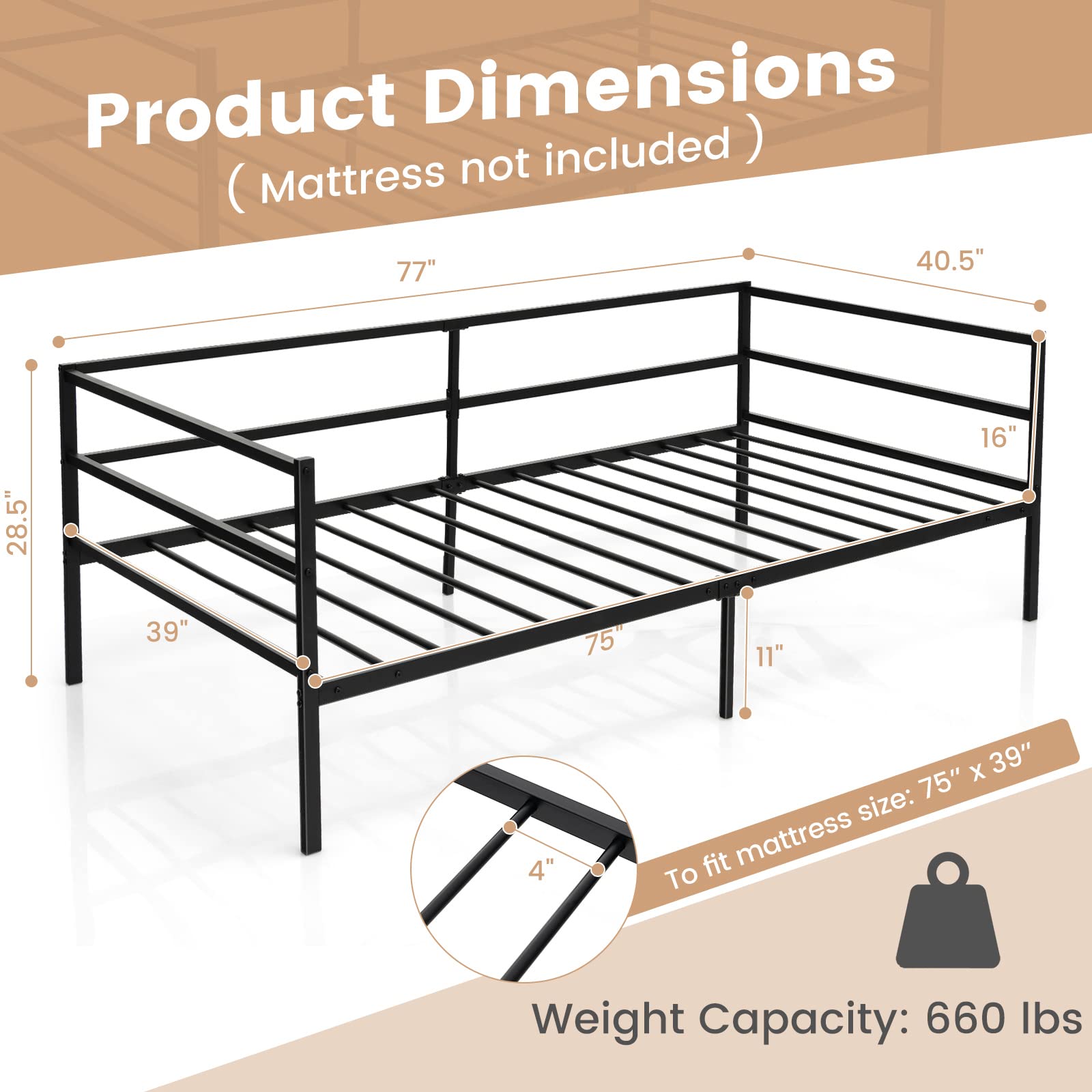 Twin Size Metal Daybed with Metal Slat Support & 3-Sided Guardrails