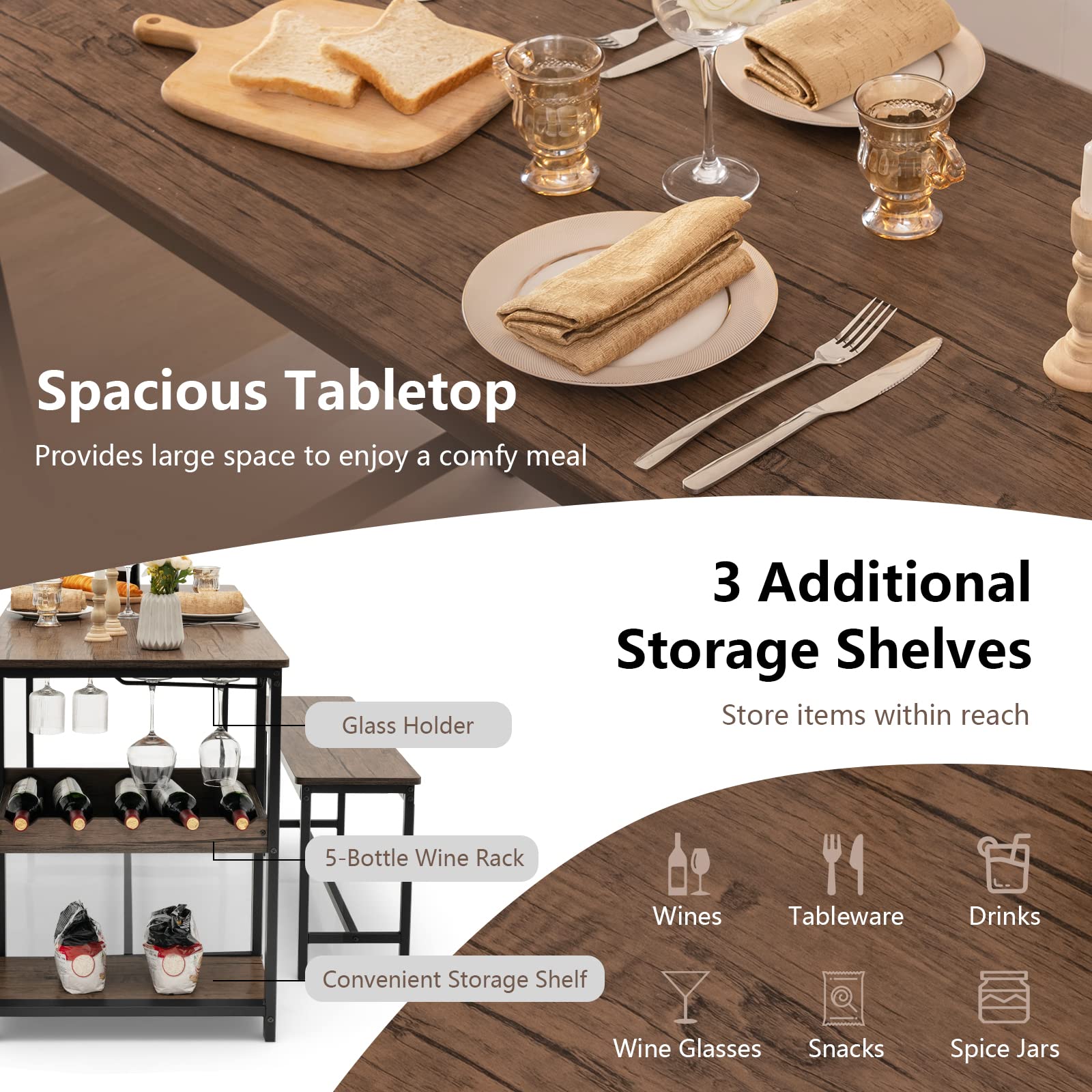 Dining Table Set for 4, 3-Piece 55" L Kitchen Table Set w/ 2 Benches, Breakfast Table w/ 5-Bottle Wine Rack & Glass Holder