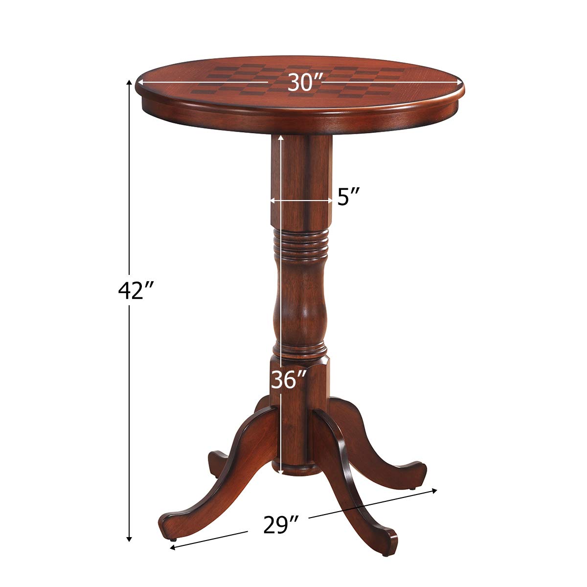 Round Dining Table, Wooden Pub Pedestal Side Table W/Chessboard, Adjustable Foot Pads