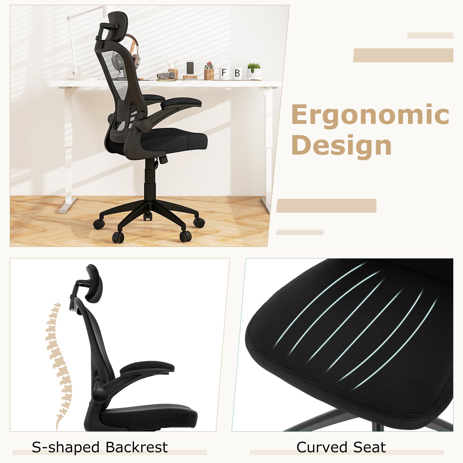 Ergonomic Mesh Office Chair, Home Office Desk Chair with Adjustable Headrest and Lumbar Support