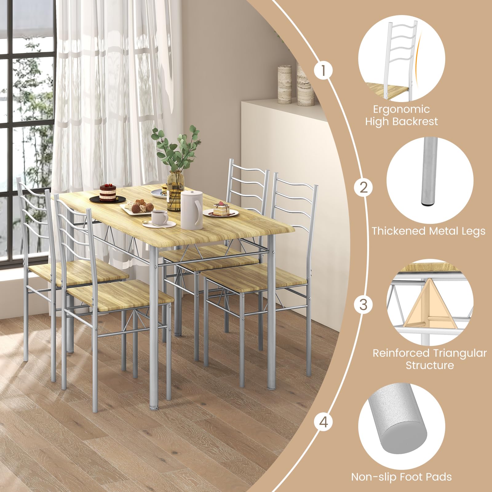 5 Piece Dining Table Set with 4 Chairs, Metal Frame Wood Like Tabletop Kitchen Furniture