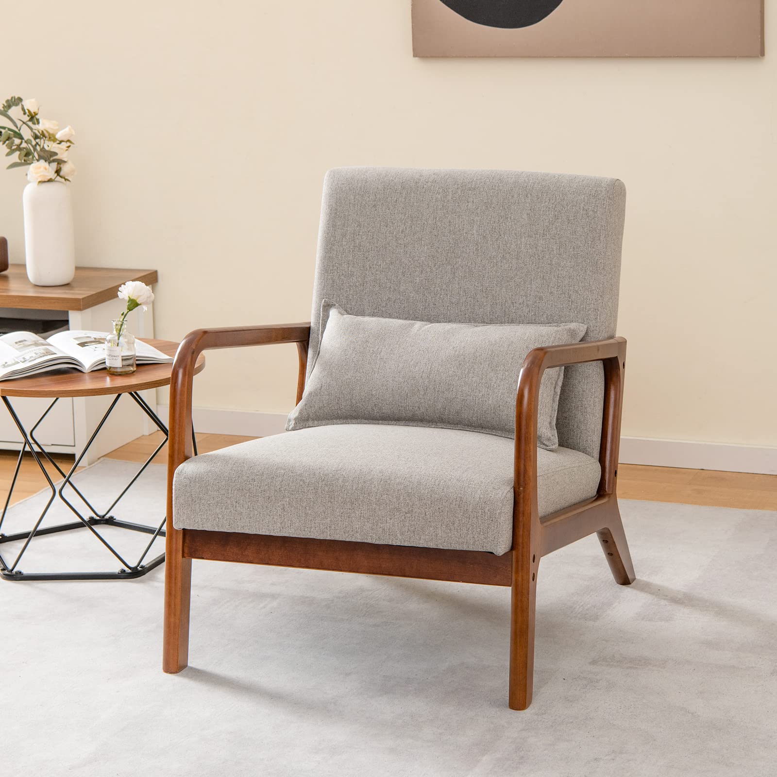 Mid Century Modern Chair, Indoor Living Room Leisure Accent Chair with Cushioned Seat & Back