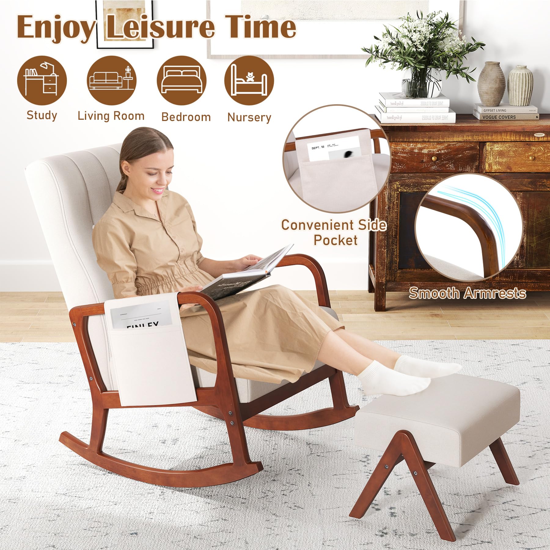 Nursery Rocking Chair with Ottoman, Upholstered Rocker Chair with Side Pocket