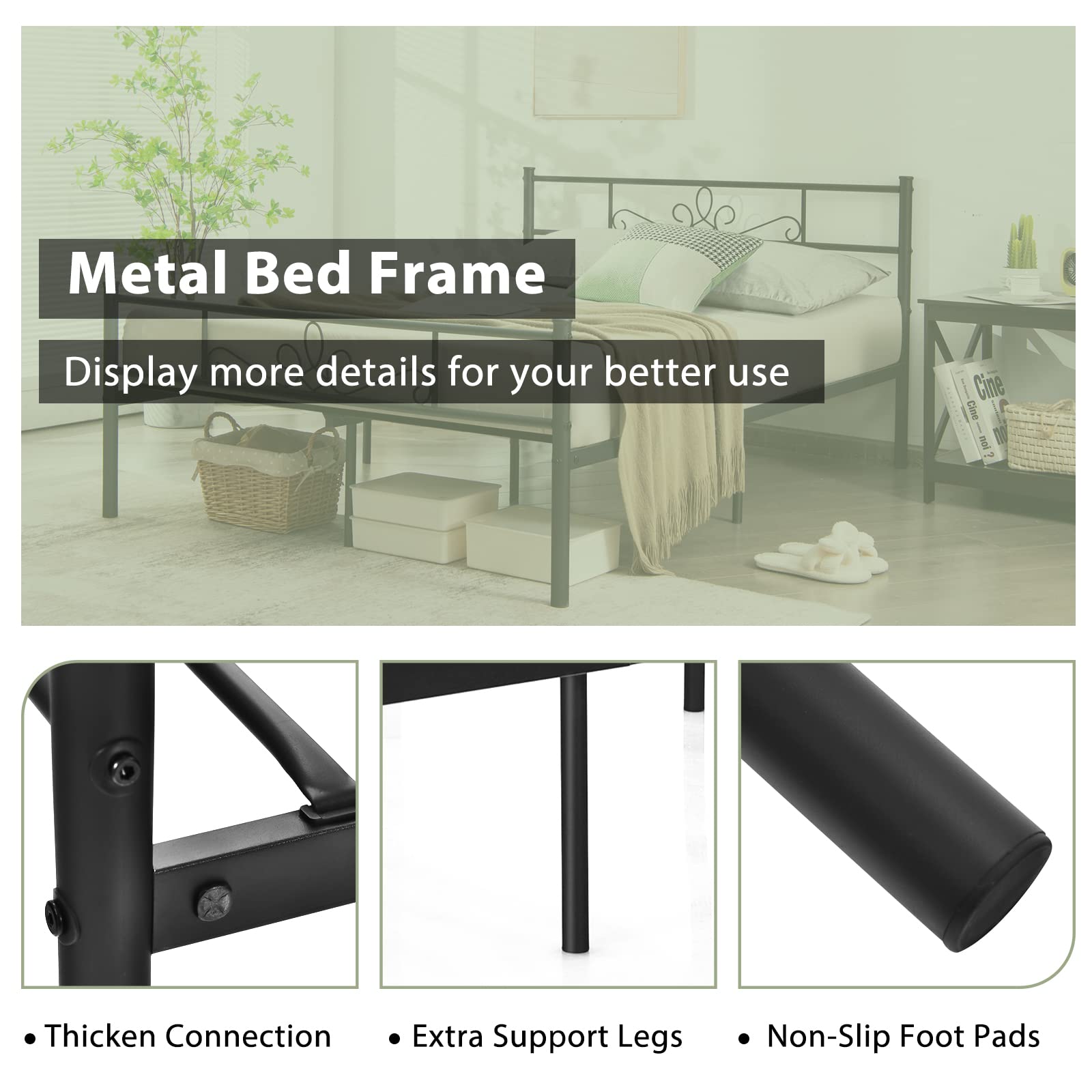 Metal Platform Bed Frame with Headboard & Footboard, Reinforced Metal Slats Supported Mattress Foundation