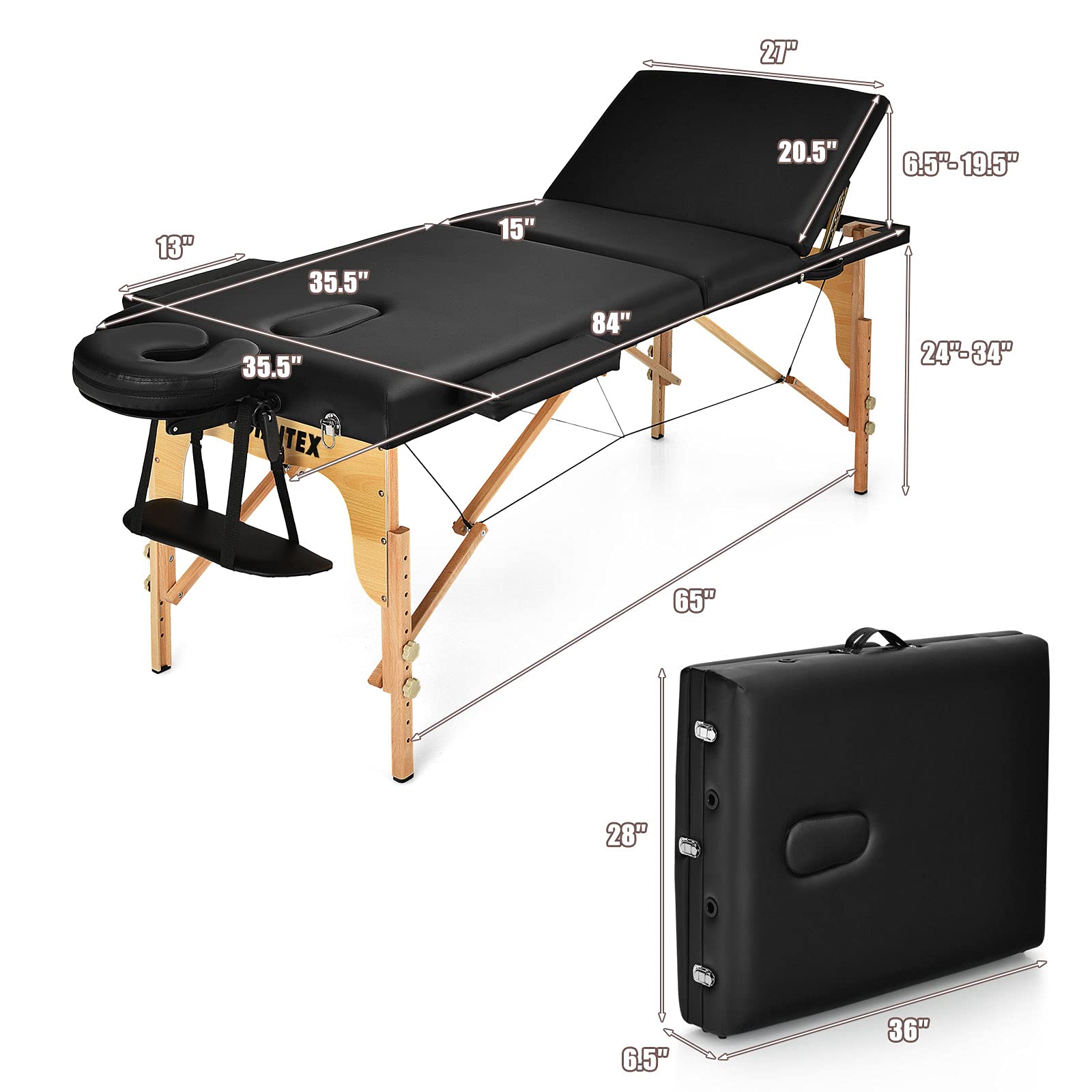 Portable 3 Sections 84inch Folding Massage Table with Carry Case