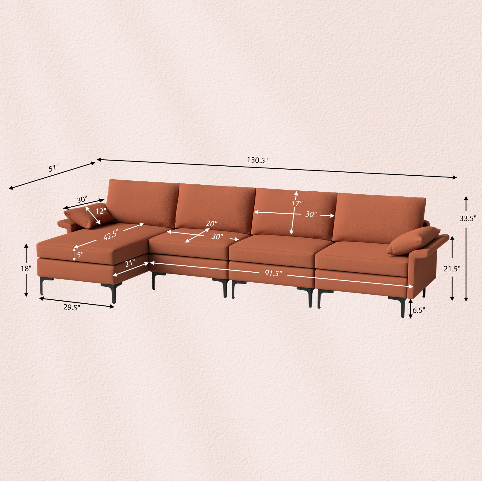130.5 Inch Extra Large Convertible Sectional Sofa with Reversible Chaise Lounge, 3-Hole Outlets & 4 USB Ports