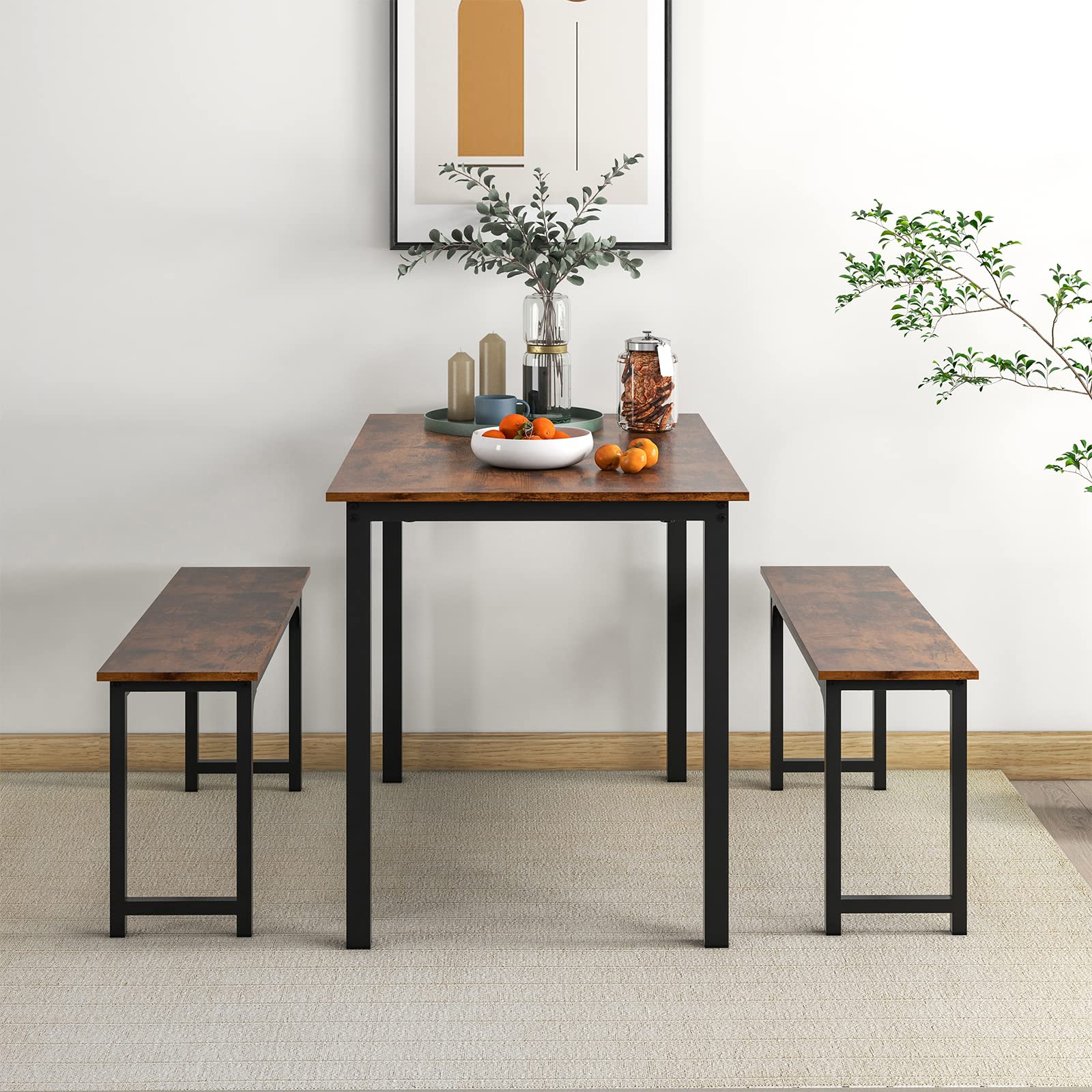 Dining Table Set with 2 Benches, Industrial Kitchen Table & Chairs with Metal Frame