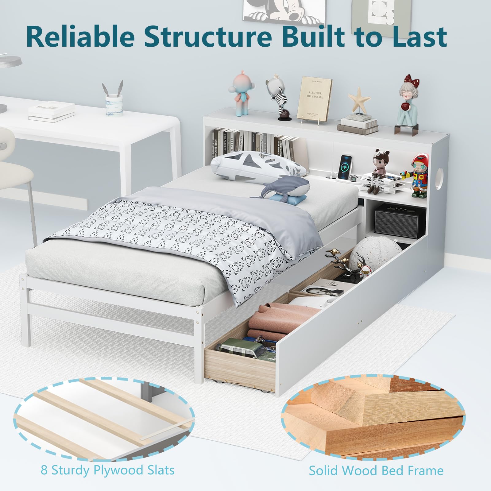 Wood Twin Bed Frame with Storage Drawer & Headboard, Modern Platform Bed with Charging Station & LED Light