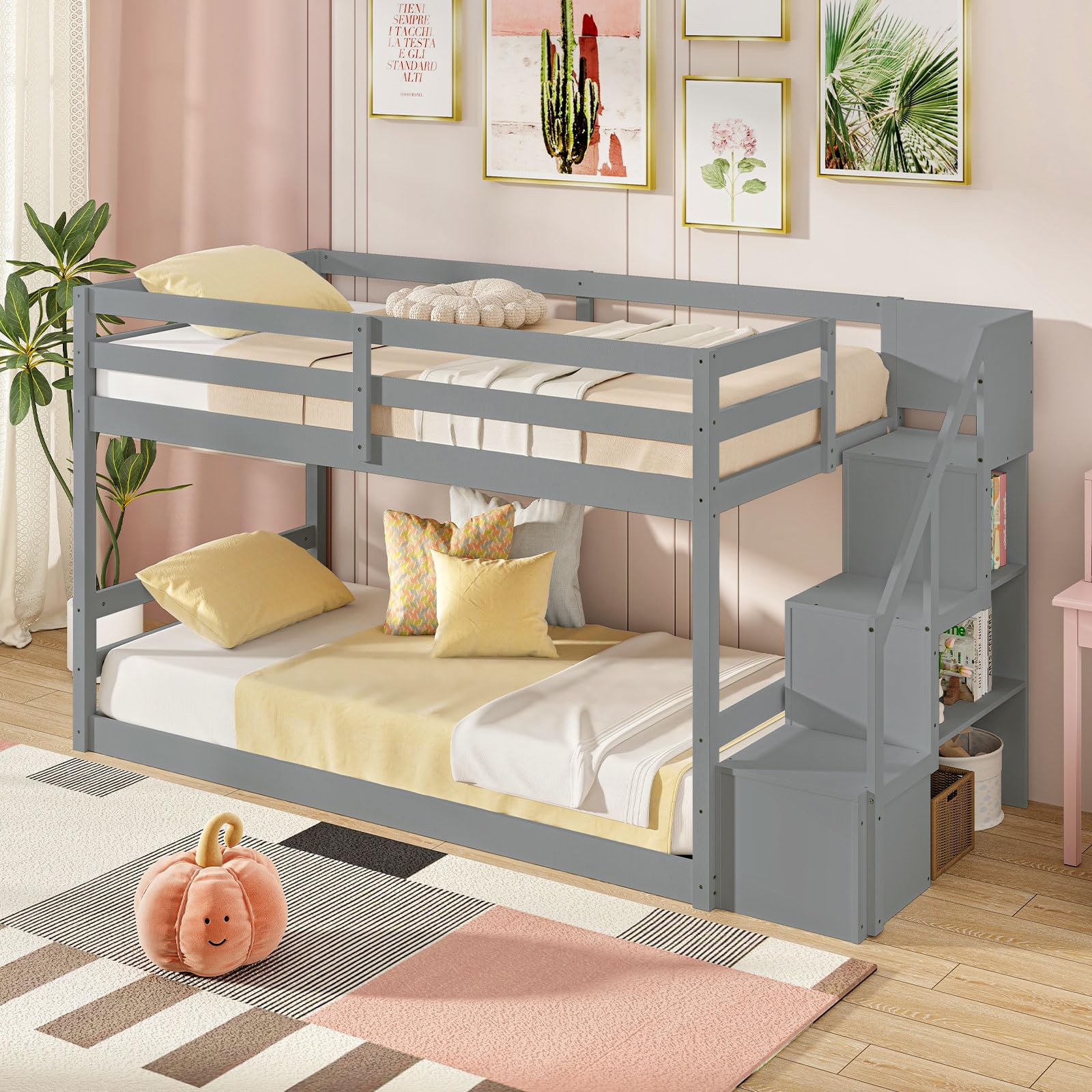 Bunk Bed with Stairs, Solid Wood Floor Bunk Bed with Storage Staircase & Full-Length Guardrails