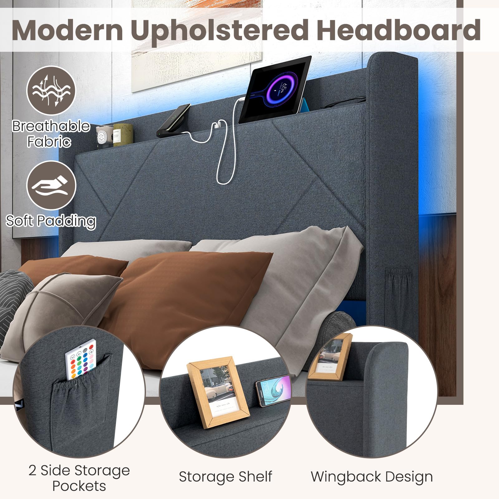 Upholstered Bed Frame with 4 Storage Drawers & LED Lights, Wingback Headboard & Charging Station