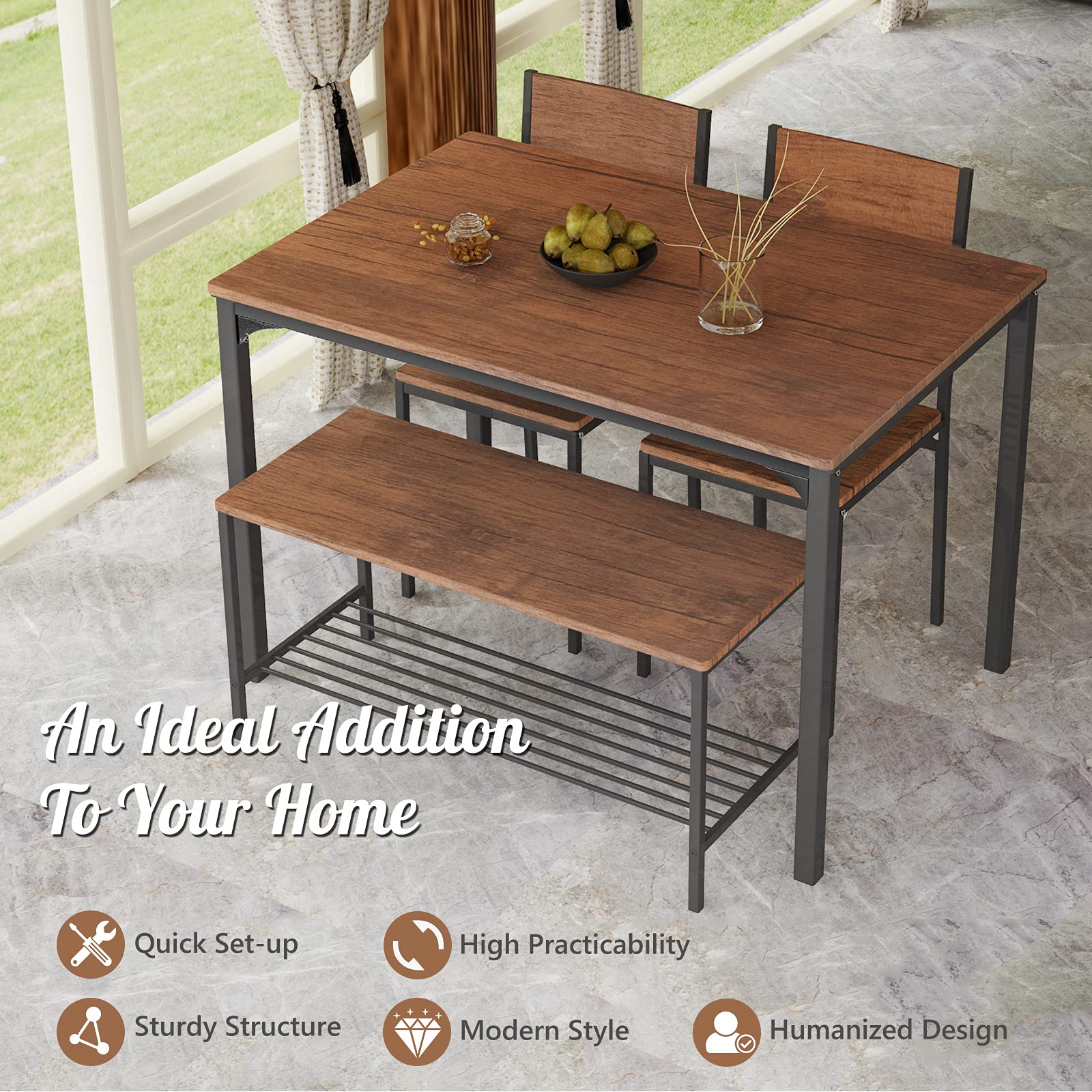 Dining Table Set for 4, Industrial Gathering Bench Dining Set W/Metal Frame & Storage Rack
