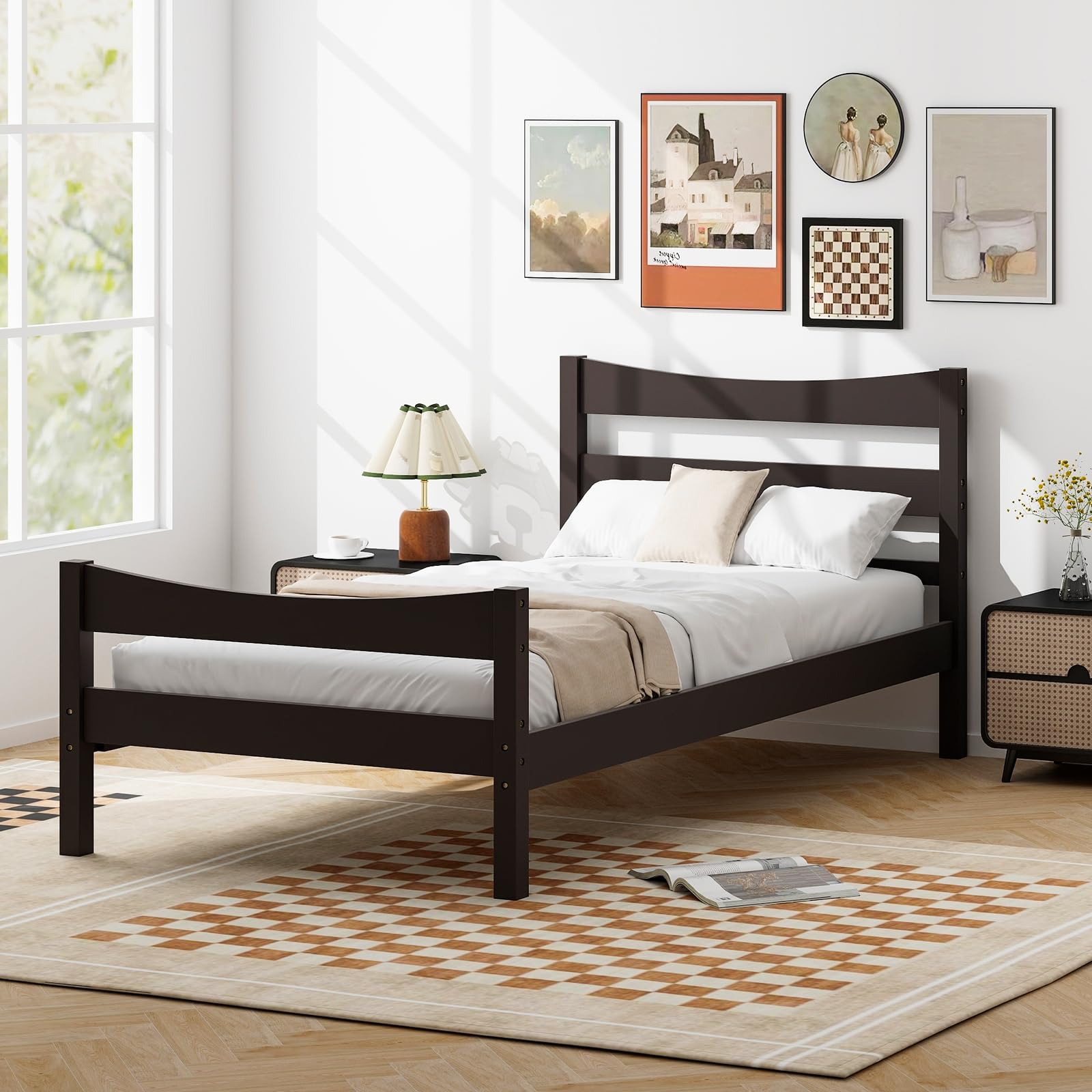 Twin Size Wood Bed Frame, Rustic Style Platform Bed w/Headboard & Footboard