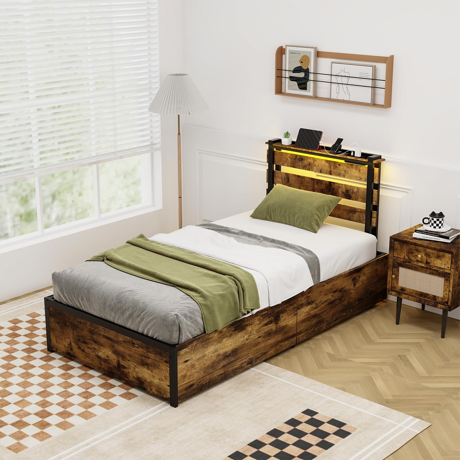 Industrial Bed Frame with 4 Drawers & LED Lights Headboard