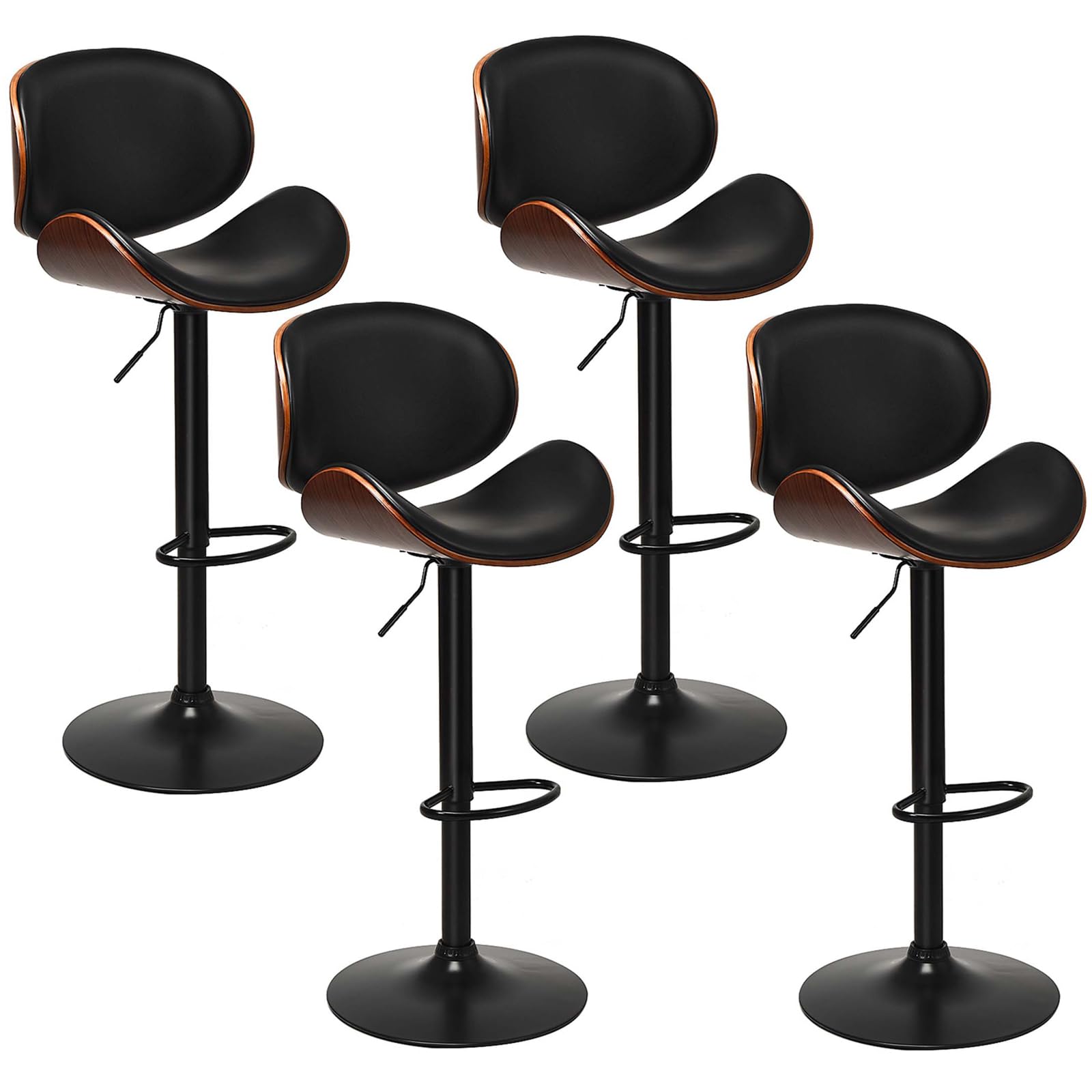 Bar Stools Set of 2/4, Adjustable Swivel Bentwood Barstools with Back, Large Iron Base, 360 Degree PU Leather Seat and Curved Footrest