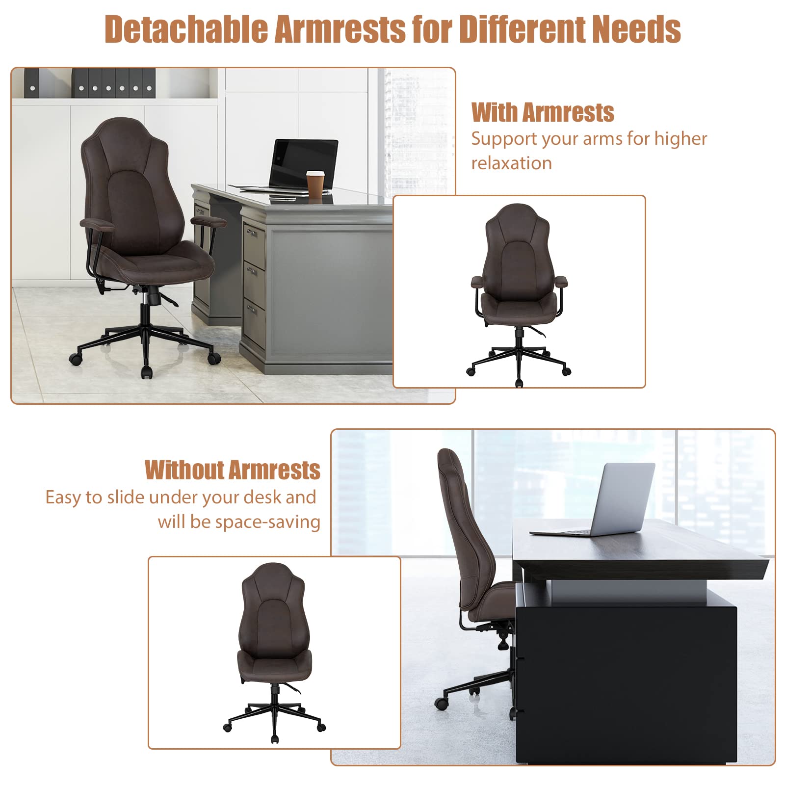 High-Back Home Office Desk Chair, Ergonomic Leathaire Task Chair with Comfortable Padded Seat & Detachable Armrests