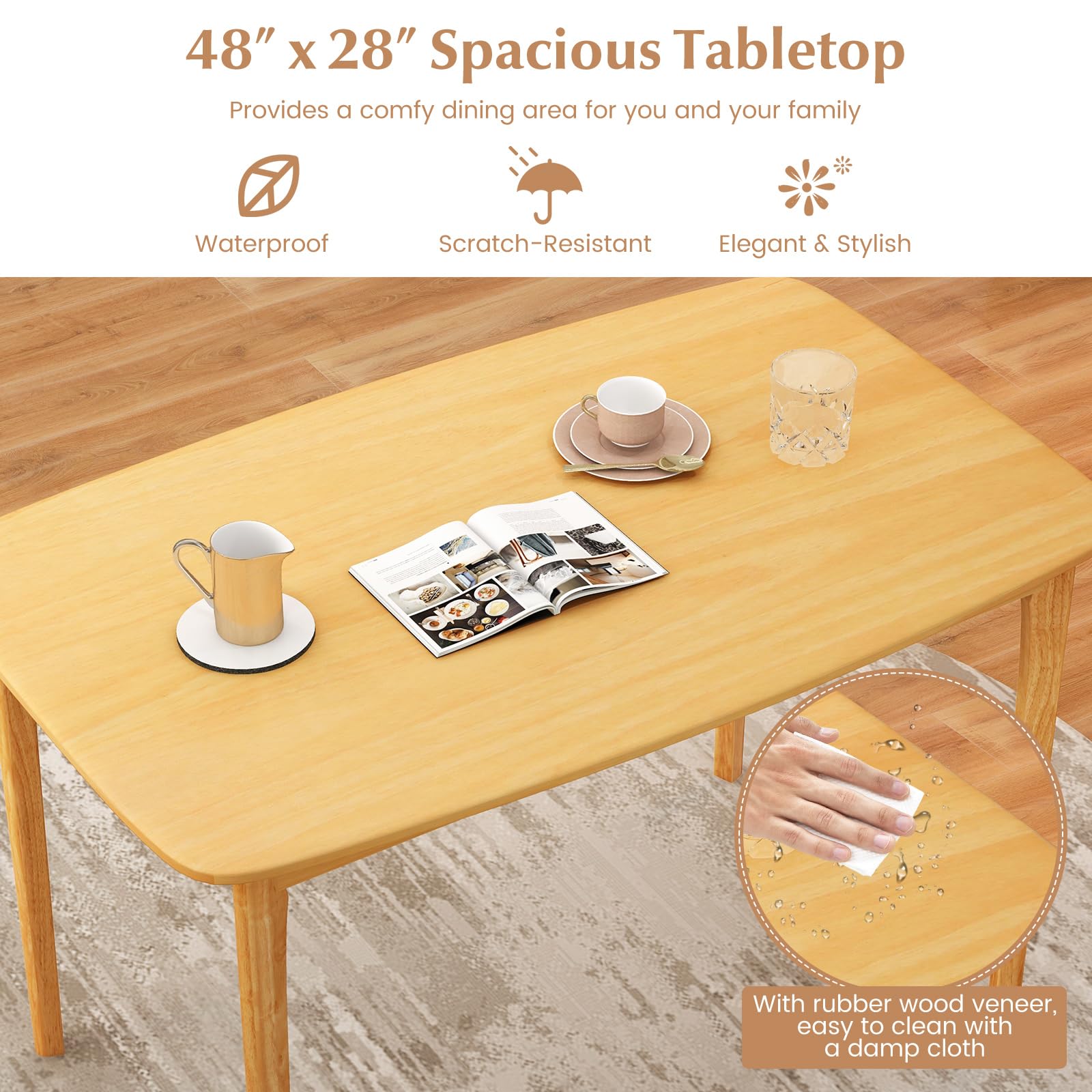 48" Rectangular Wooden Dining Table with Solid Rubber Wood Legs