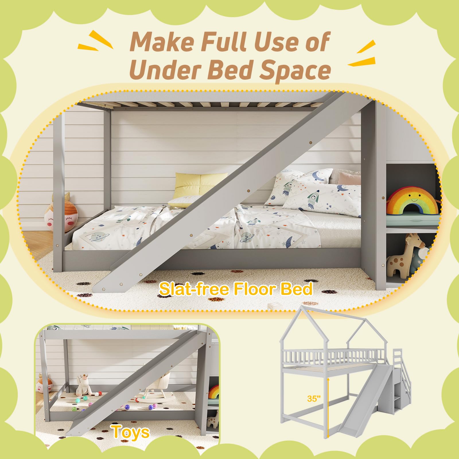 Twin Over Twin  Wood House Bunk Bed with Slide & Stairs, Storage Shelves