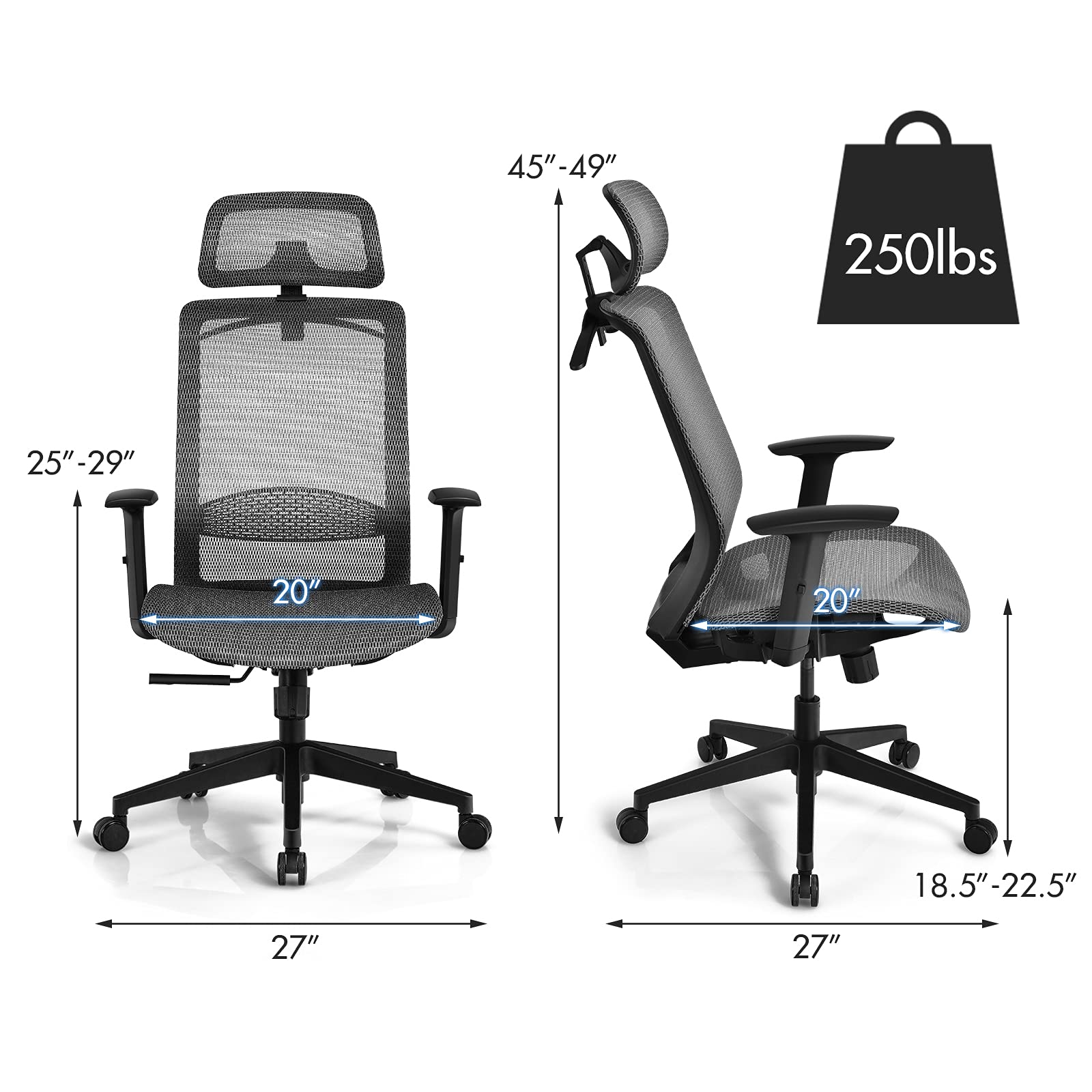 Ergonomic Office Chair, Mesh Desk Chair Back Support with Adjustable Headrest
