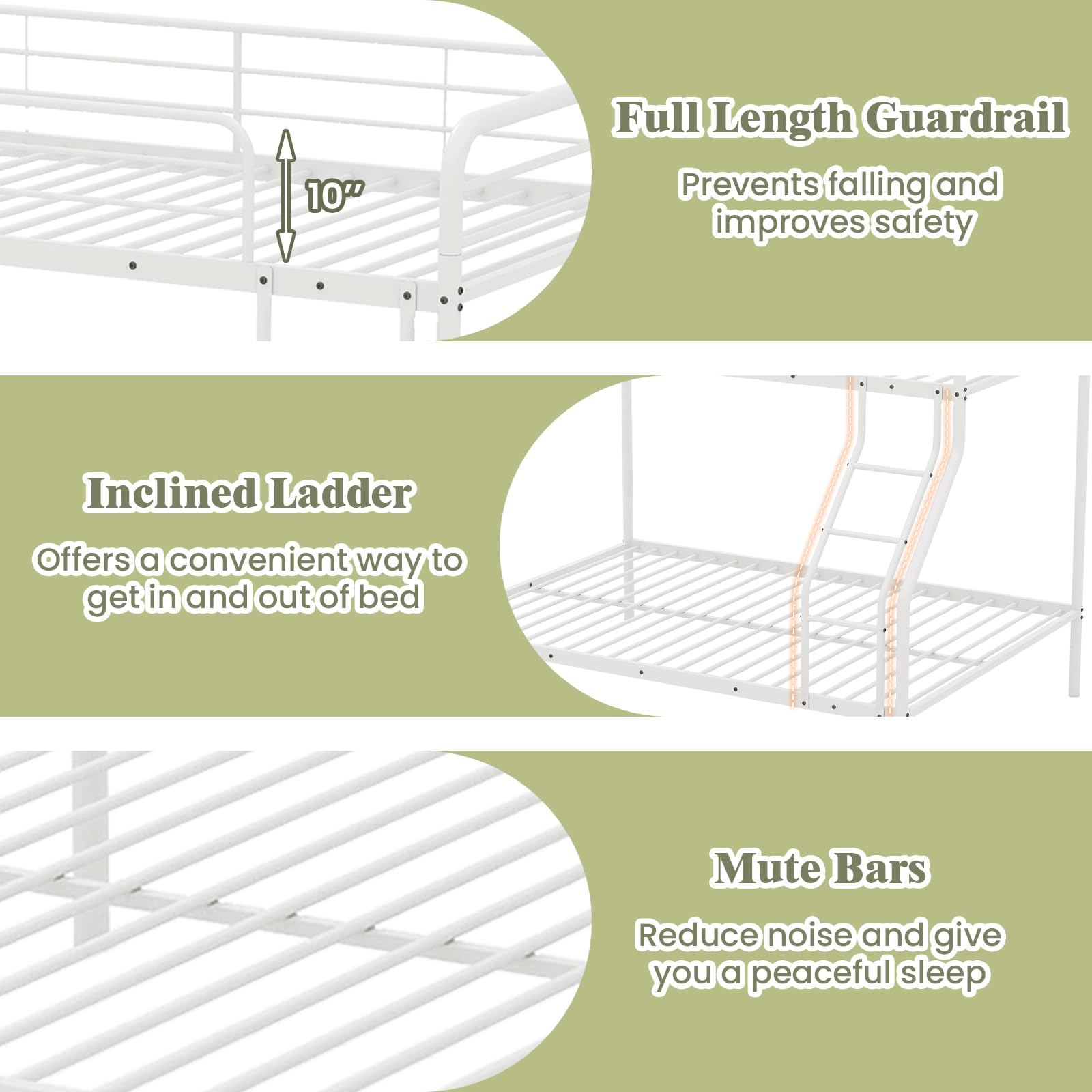 Twin Over Full Metal Bunk Bed with Inclined Ladder, Safety Guardrail