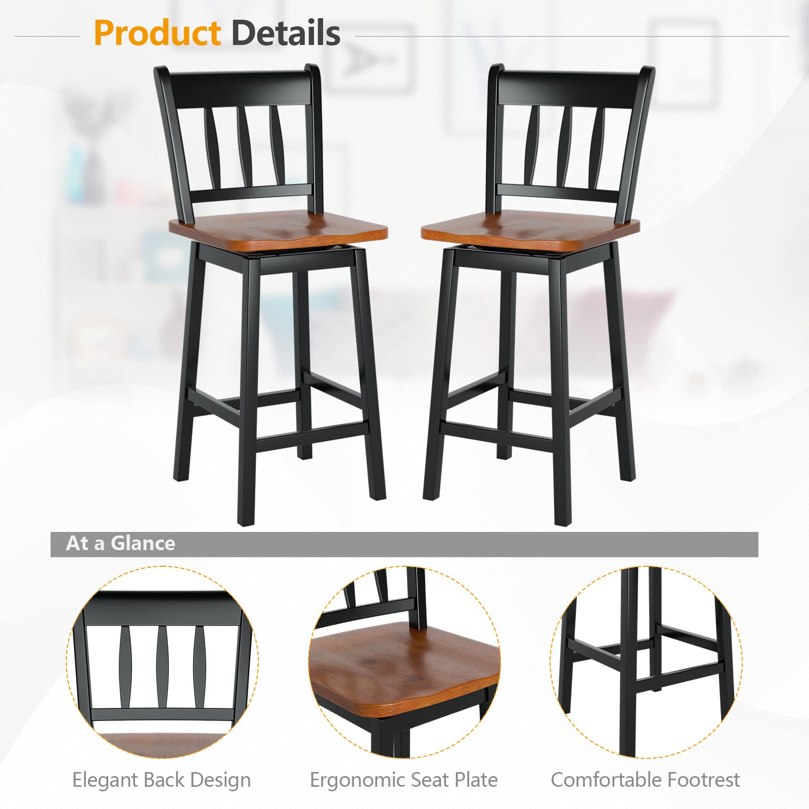 24.5 Inch Solid Rubber Wood Bar Stools Set of 2/4 with 360 &deg;Swiveling, Footrest