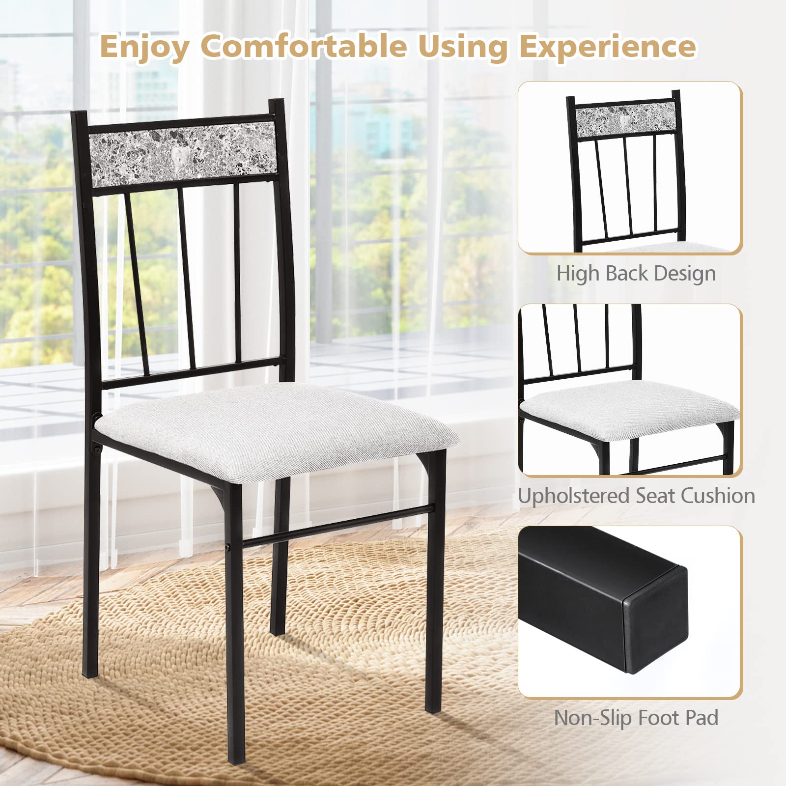 5 Piece Dining Table Set, Modern Rectangular Dining Table & Upholstered Chair Set w/Marble Tabletop