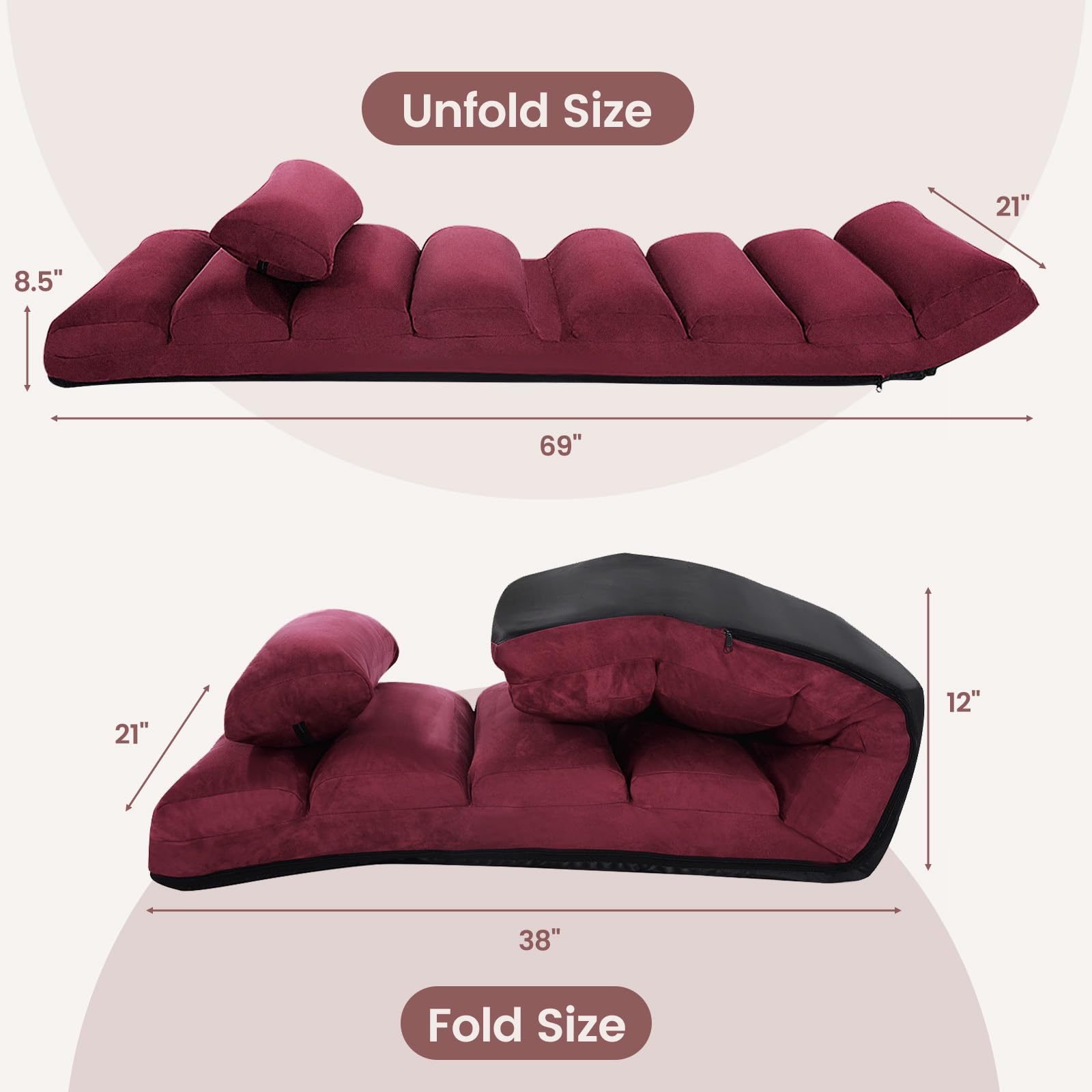Floor Chairs for Adults, Adjustable 5-Position Floor Lounger with Thick Padded & Pillow