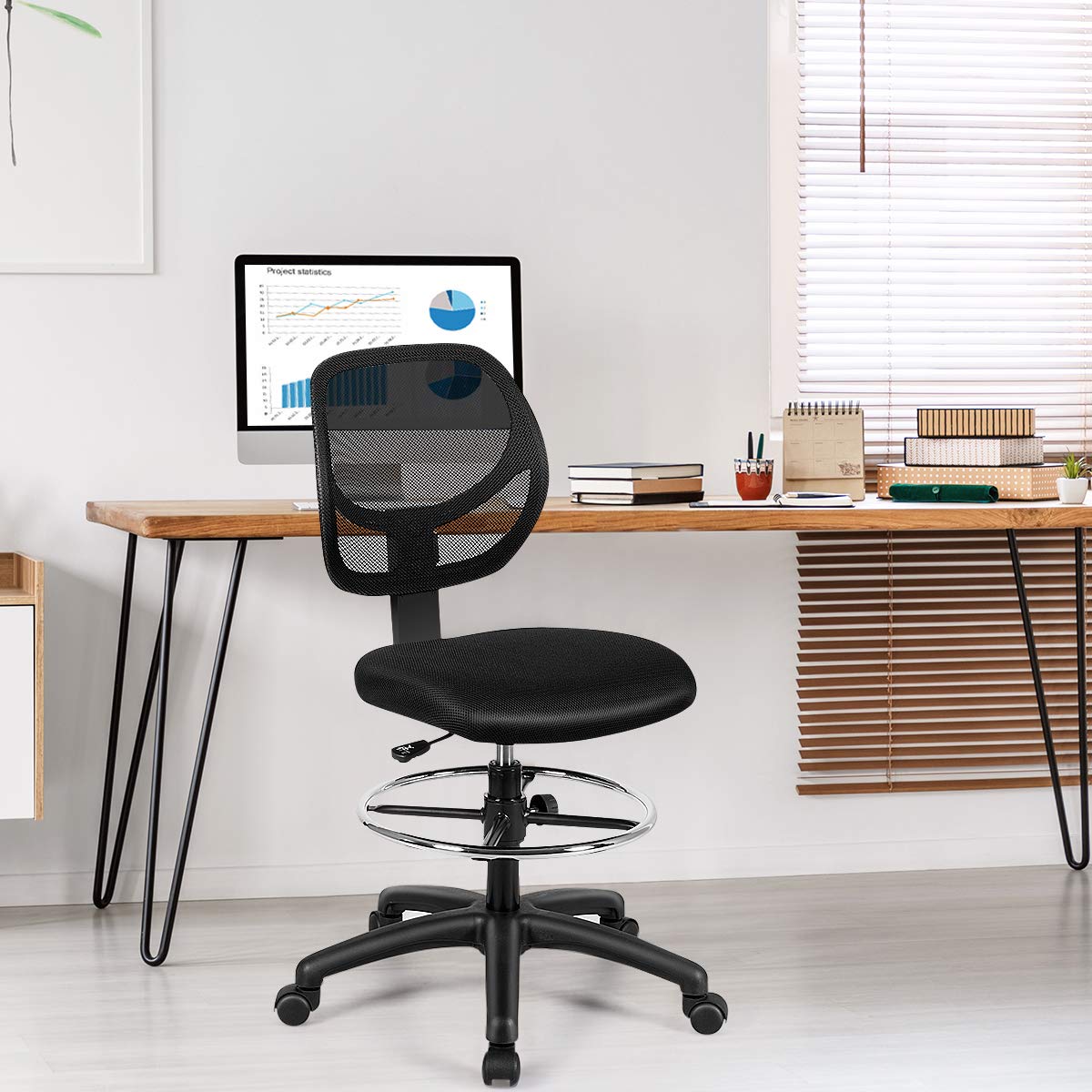 Mesh Drafting Chair, Standing Desk Chair w/Footrest Ring