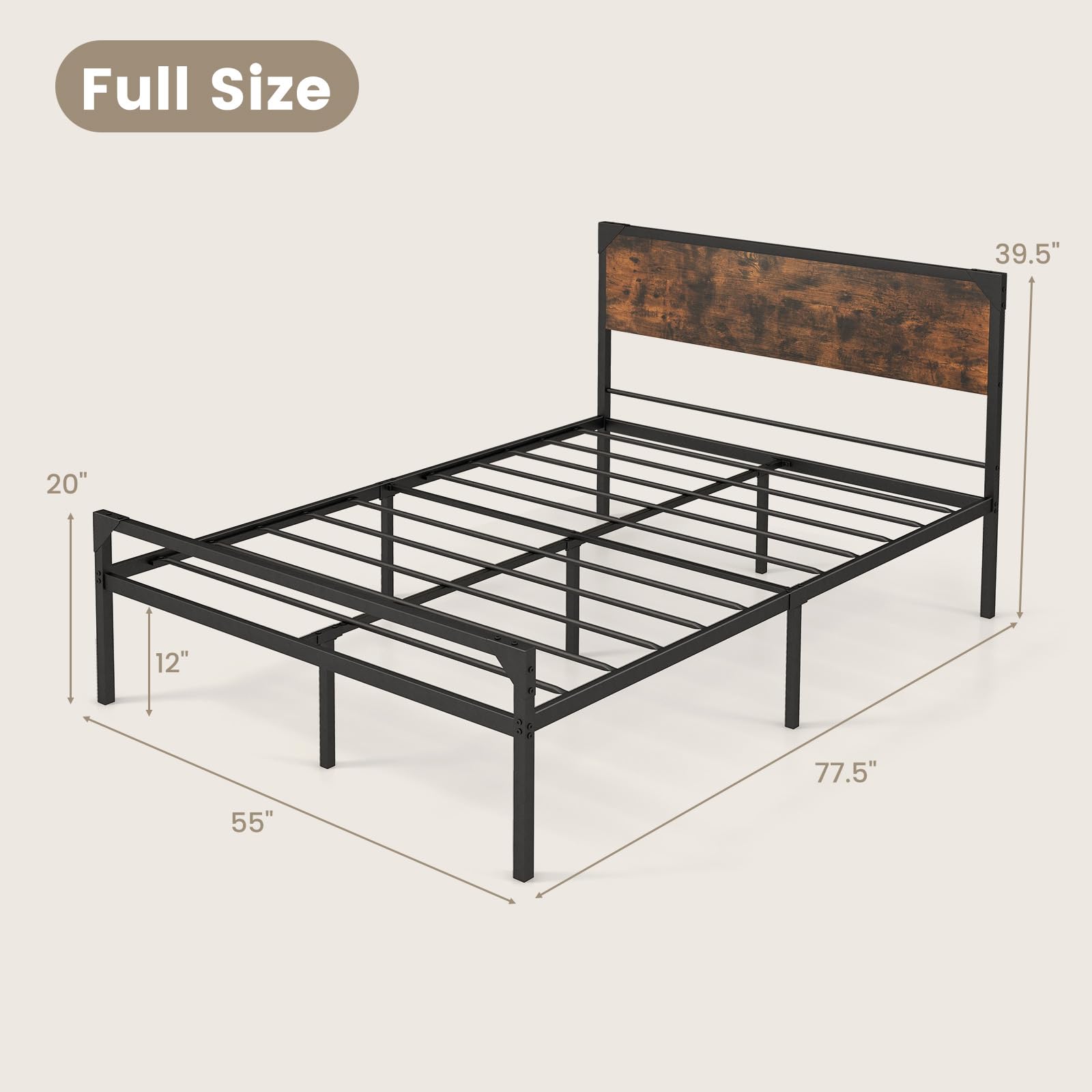 Full/ Queen Size Metal Bed Frame with Wood Headboard