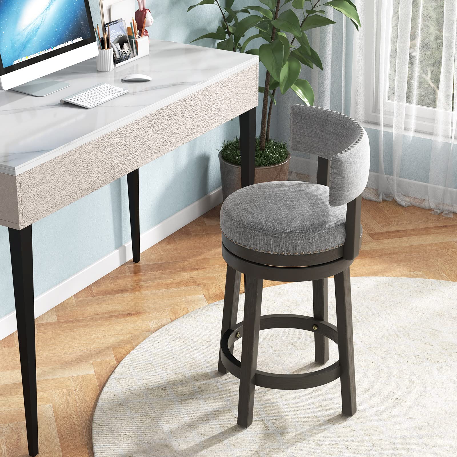 Modern 360&deg; Swivel Bar Stool with Upholstered Back & Seat, Solid Rubber Wood Legs & Round Footrest