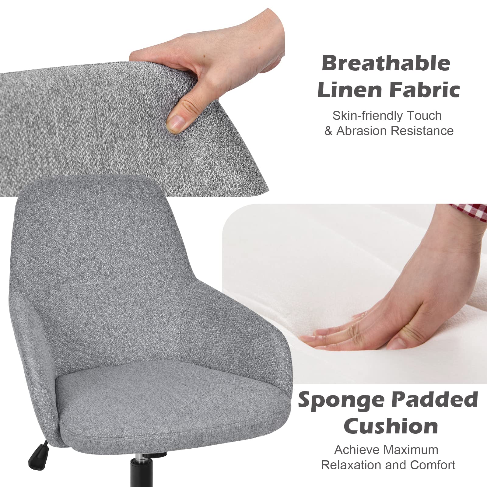 Fabric Office Chair, Upholstered Linen Leisure Chair, Ergonomic Desk Chair w/Rocking Backrest