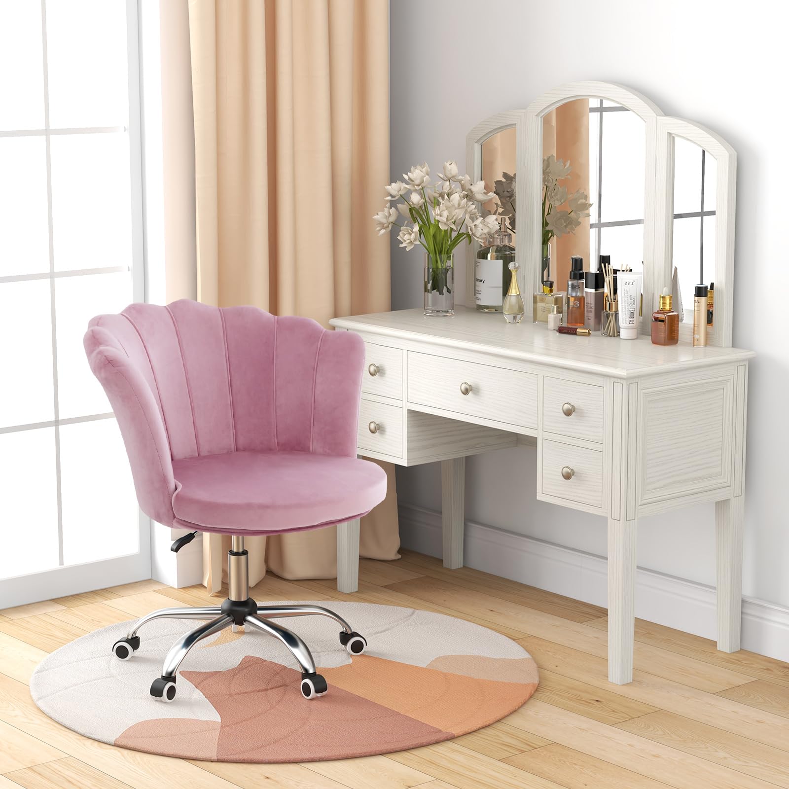 Velvet Office Desk Chair Pink, Modern Vanity Chair with Seashell Back