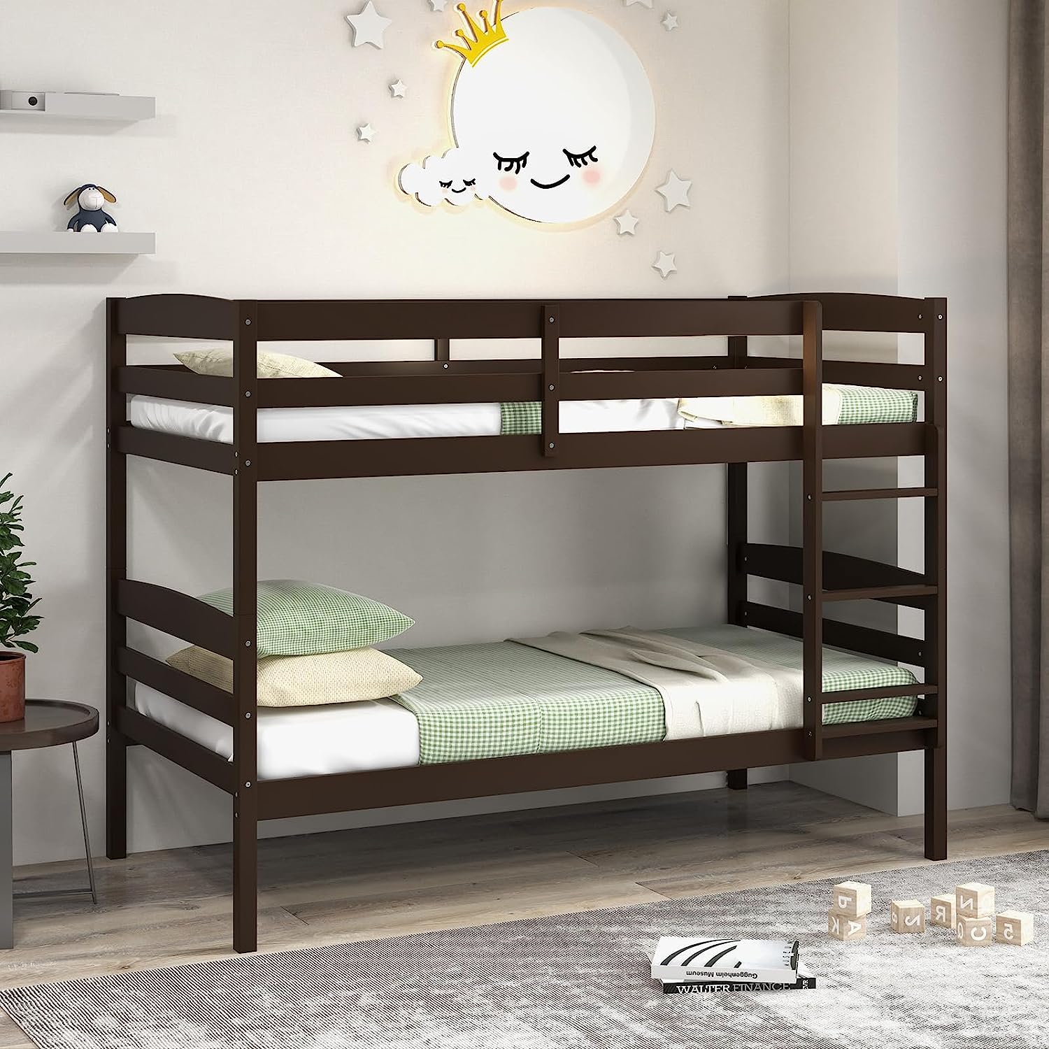 Twin Over Twin Wood Bunk Bed with Full-Length Guardrail & Integrated Ladder