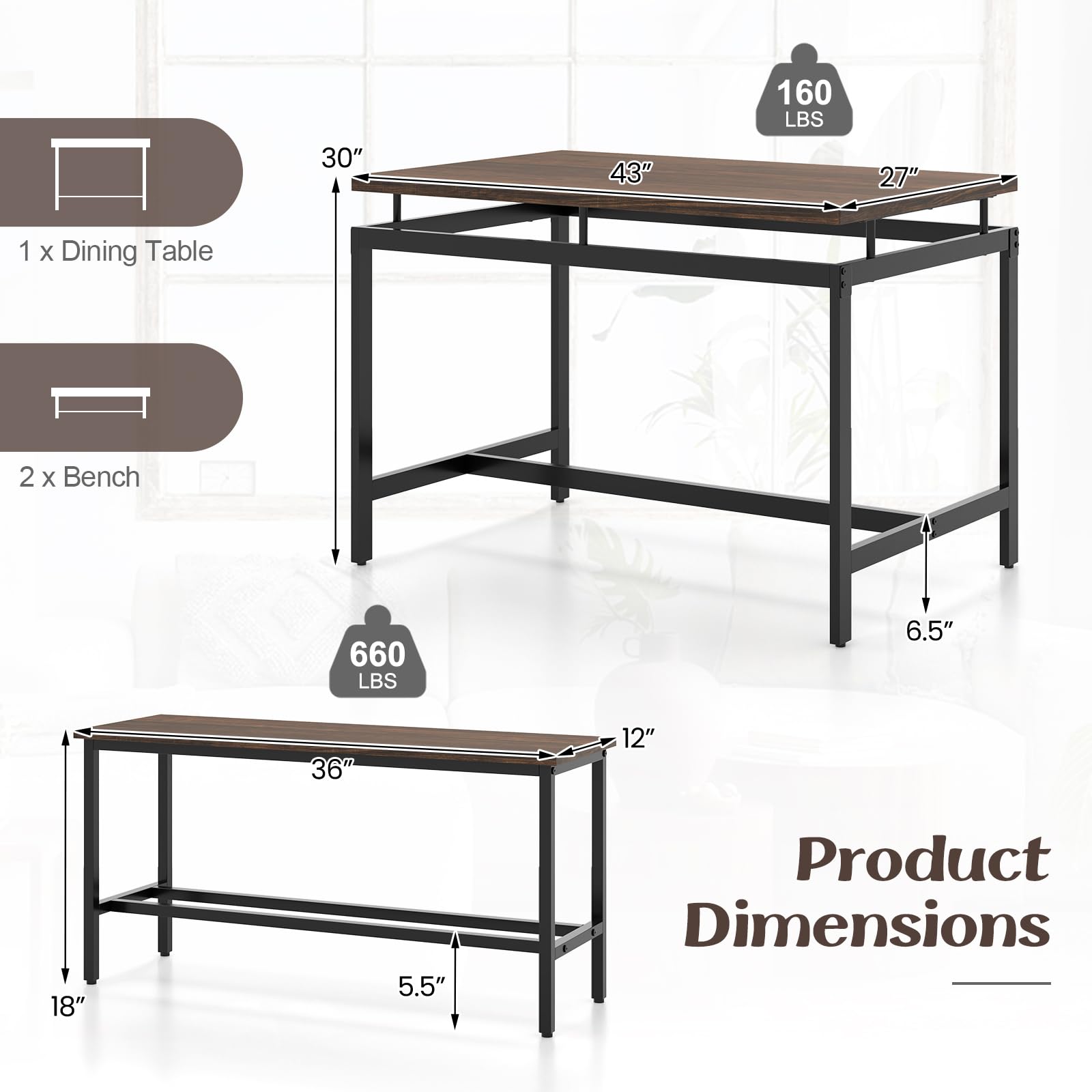 Dining Table Set for 4 with 2 Benches, Metal Frame